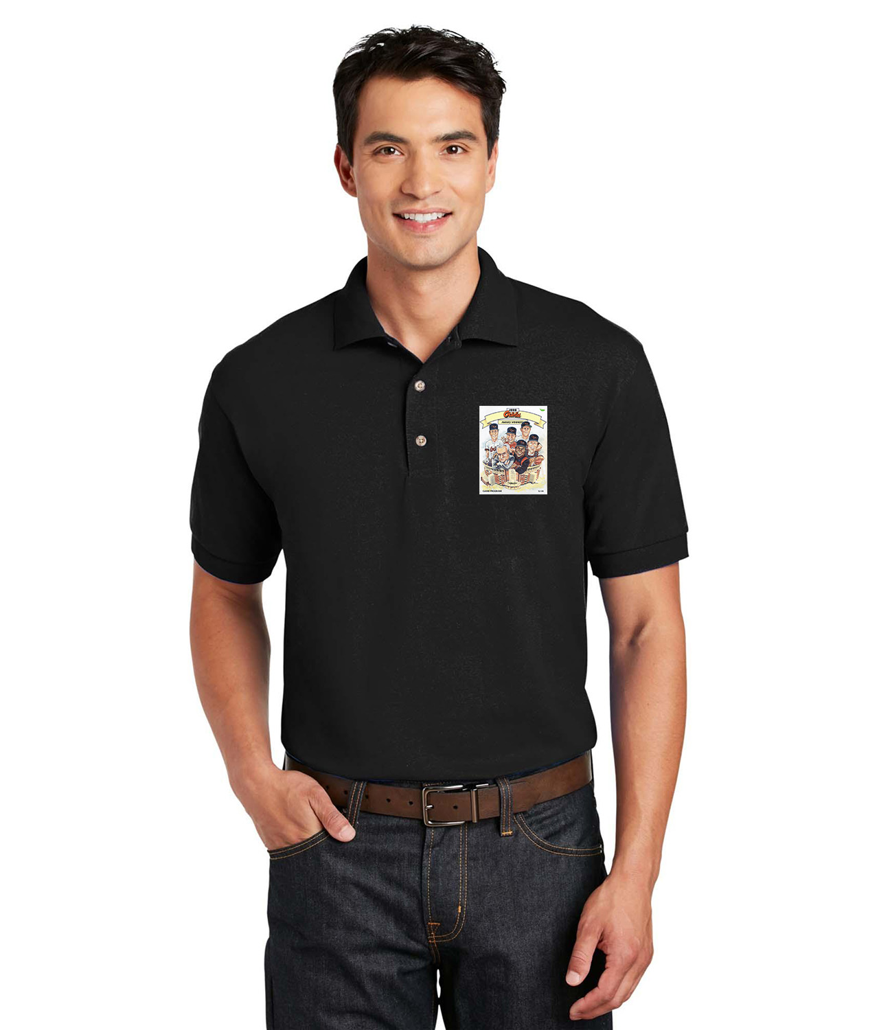 1990 Baltimore Orioles Game Program Baseball Logo Symbol Emblem Customized Design on Unisex Sport Knit Jersey Polo T-Shirt