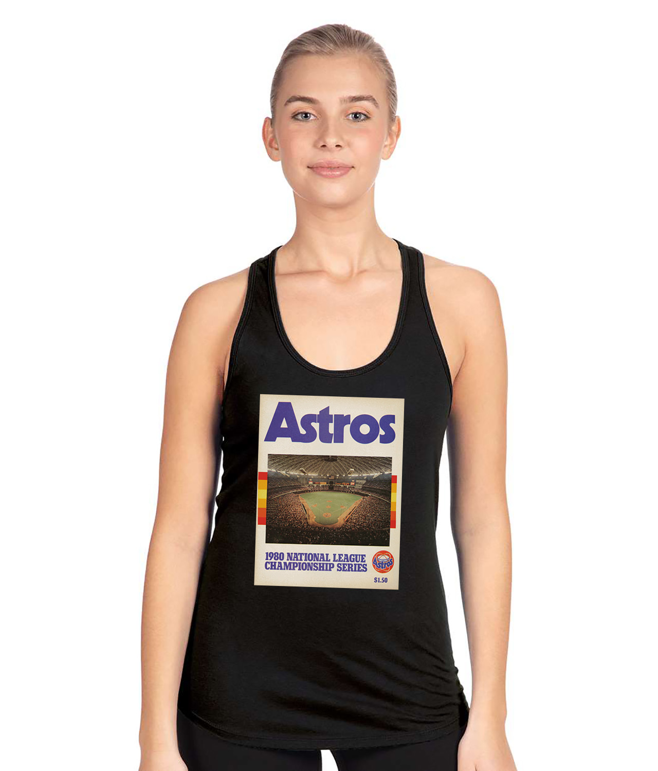 1980 NLCS Program - Houston Astros vs Philadelphia Phillies Baseball Logo Symbol Emblem Customized Design on Women's Racerback Tank Top