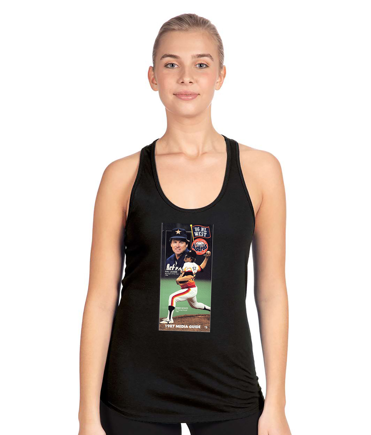 1987 Houston Astros Media Guide, Mike Scott and Hal Lanier National League (NL) Baseball Logo Emblem Customized Design on Women's Racerback Tank Top