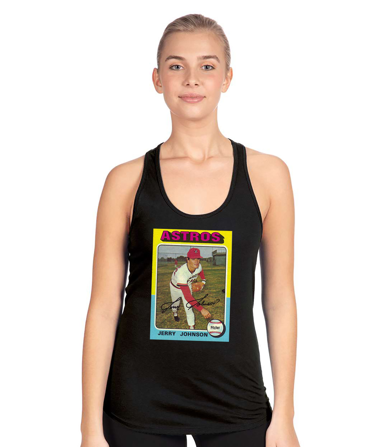 1974 Jerry Johnson Houston Astros Photo Baseball Logo Symbol Emblem Customized Design on Women's Racerback Tank Top