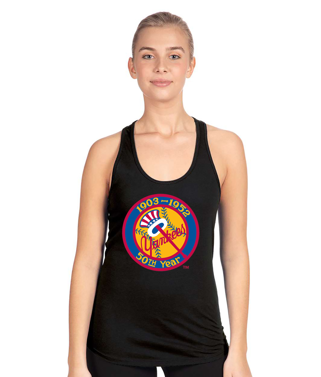 50th Anniversary Of The New York Yankees Patch Baseball Logo Symbol Emblem Customized Design on Women's Racerback Tank Top