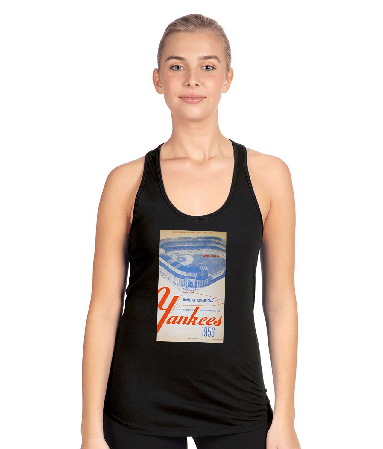 1956 New York Yankees Yankee Stadium Program Baseball Logo Symbol Emblem Customized Design on Women's Racerback Tank Top