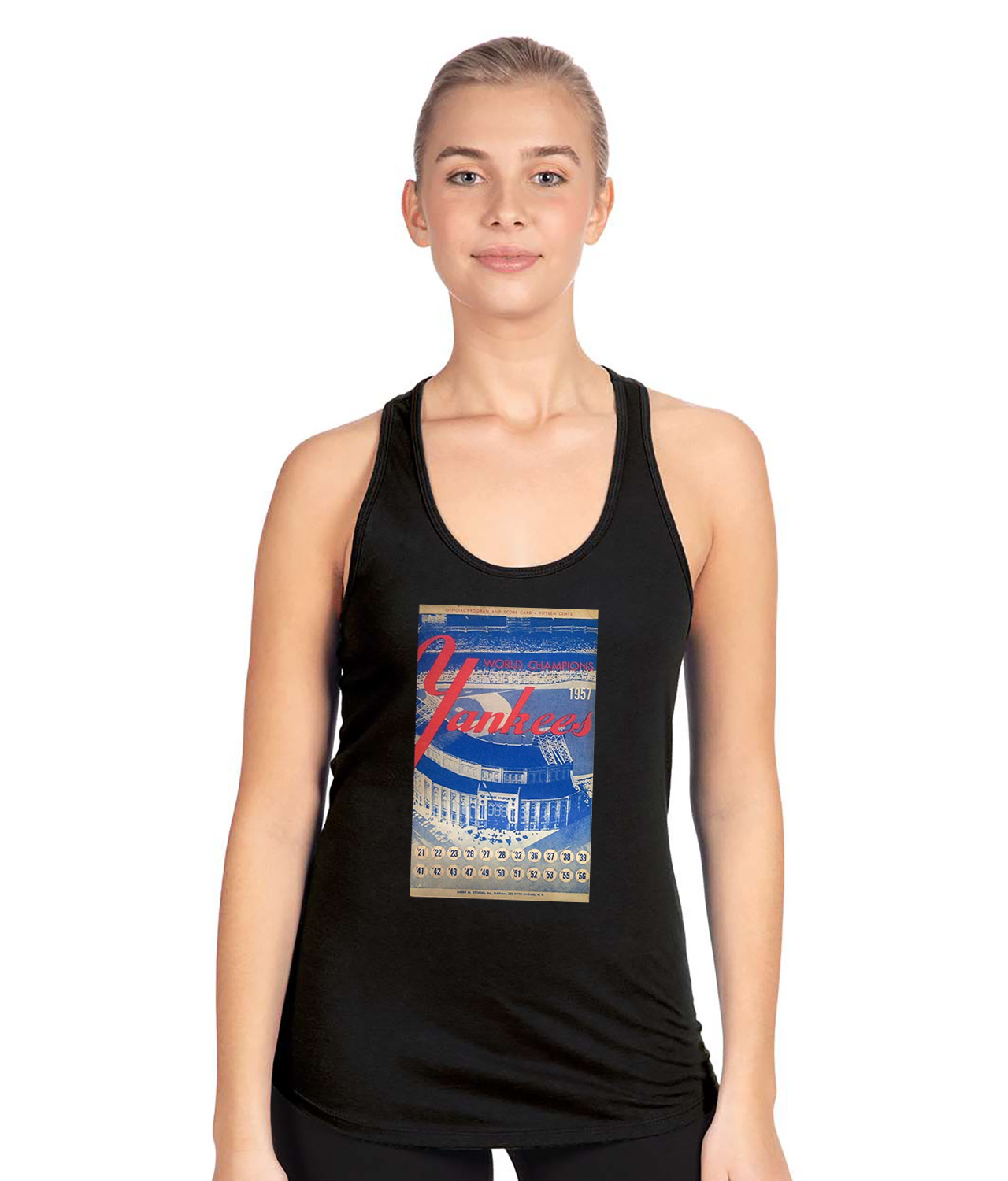 1957 New York Yankees Yankee Stadium Program Baseball Logo Symbol Emblem Customized Design on Women's Racerback Tank Top
