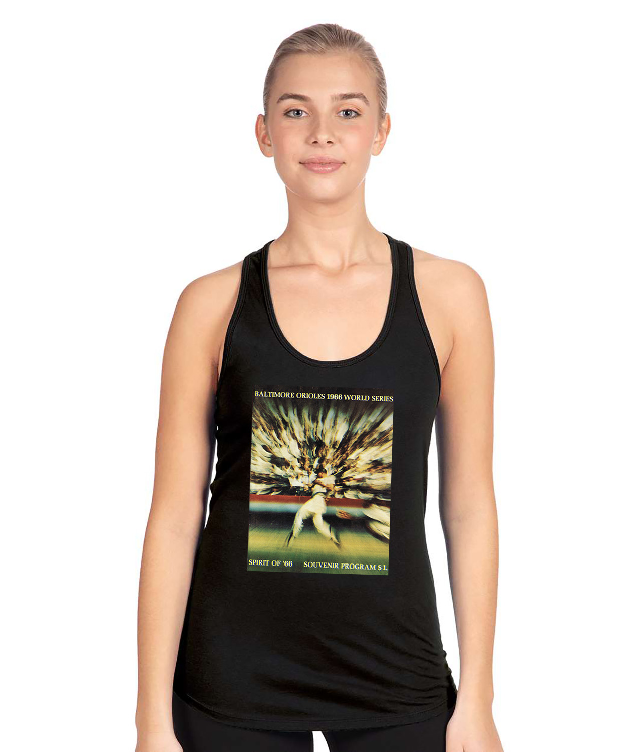 Baltimore Orioles 1966 World Series Program Baseball Logo Symbol Emblem Customized Design on Women's Racerback Tank Top