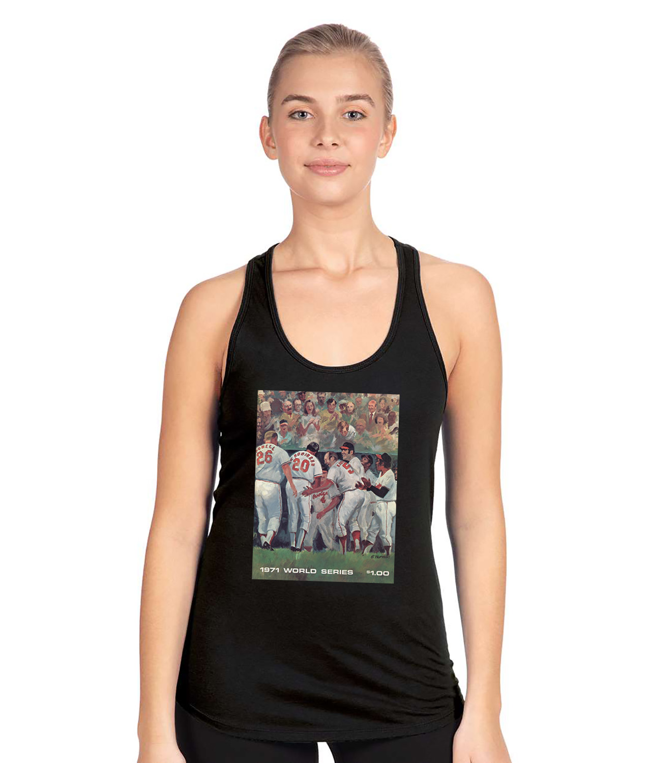 1971 World Series Program - Baltimore Orioles Baseball Logo Symbol Emblem Customized Design on Women's Racerback Tank Top