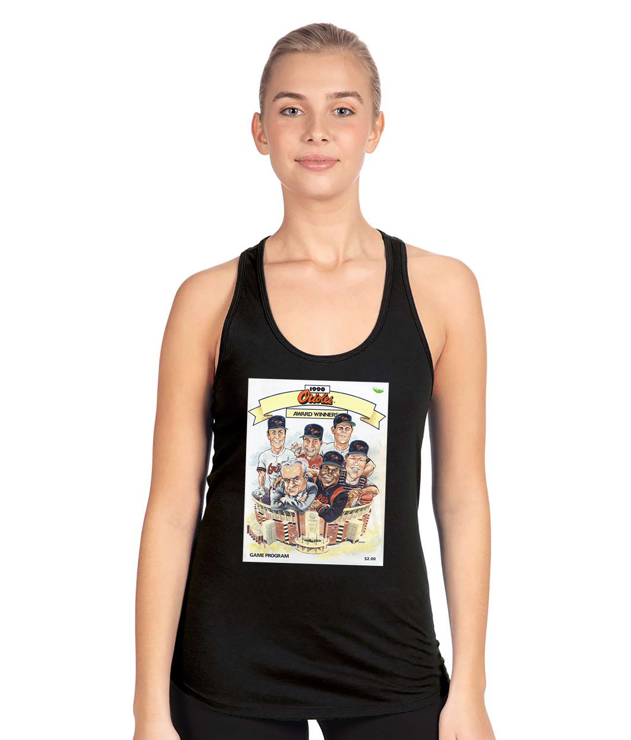 1990 Baltimore Orioles Game Program Baseball Logo Symbol Emblem Customized Design on Women's Racerback Tank Top