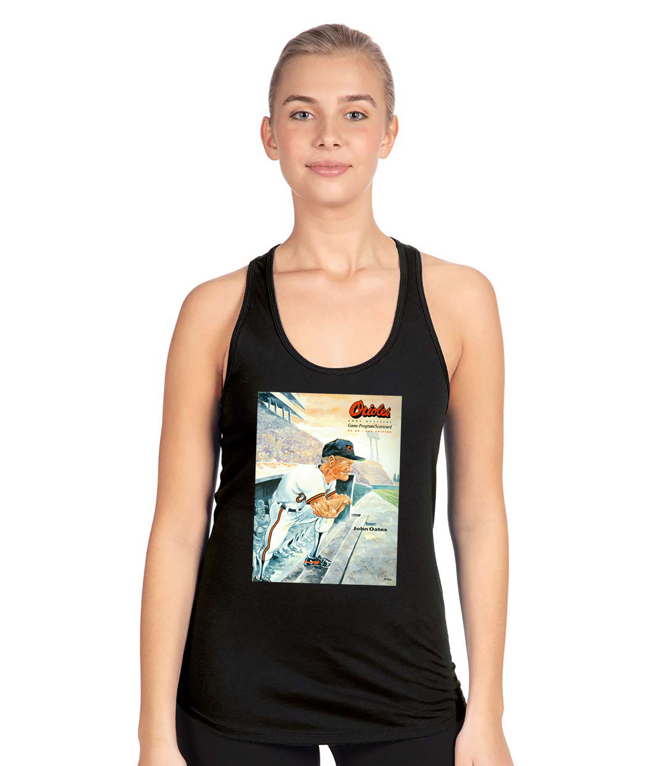 1991 Baltimore Orioles Game Program Scorecard Baseball Logo Symbol Emblem Customized Design on Women's Racerback Tank Top