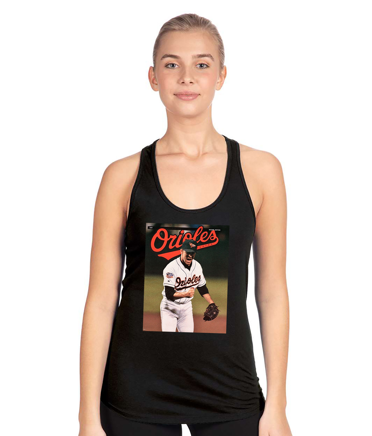 1997 Baltimore Orioles Game Program Baseball Logo Symbol Emblem Customized Design on Women's Racerback Tank Top