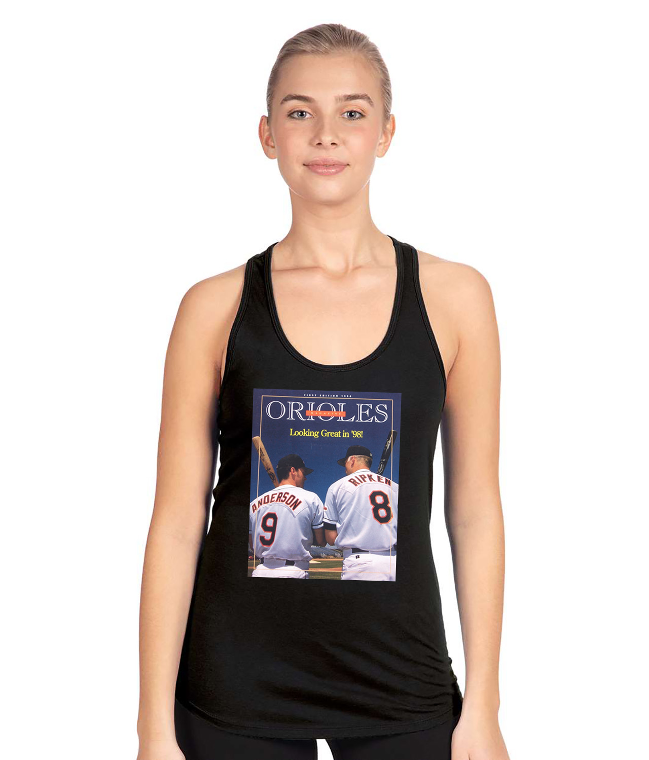 1998 Baltimore Orioles Game Program Baseball Logo Symbol Emblem Customized Design on Women's Racerback Tank Top