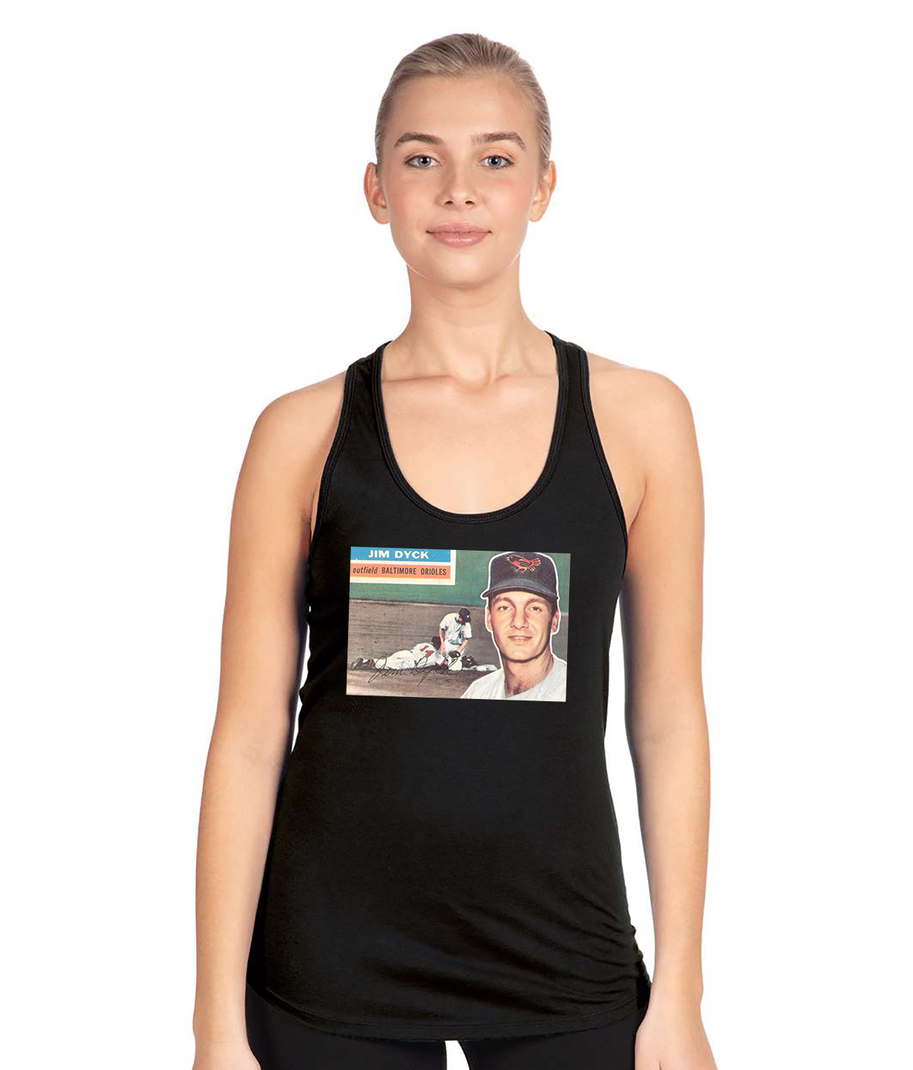 1956 Baltimore Orioles Jim Dyck Outfield Photo Baseball Logo Symbol Emblem Customized Design on Women's Racerback Tank Top