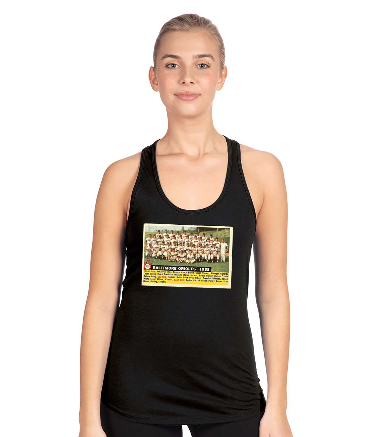 1956 Season Team Baltimore Orioles Photo Baseball Logo Symbol Emblem Customized Design on Women's Racerback Tank Top