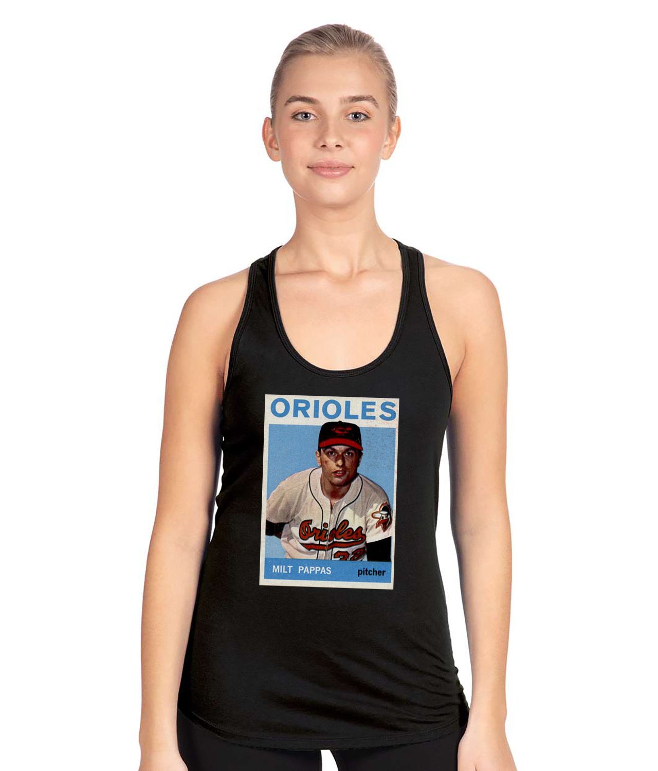 1964 Baltimore Orioles Milt Pappas Pitcher Photo Baseball Logo Symbol Emblem Customized Design on Women's Racerback Tank Top