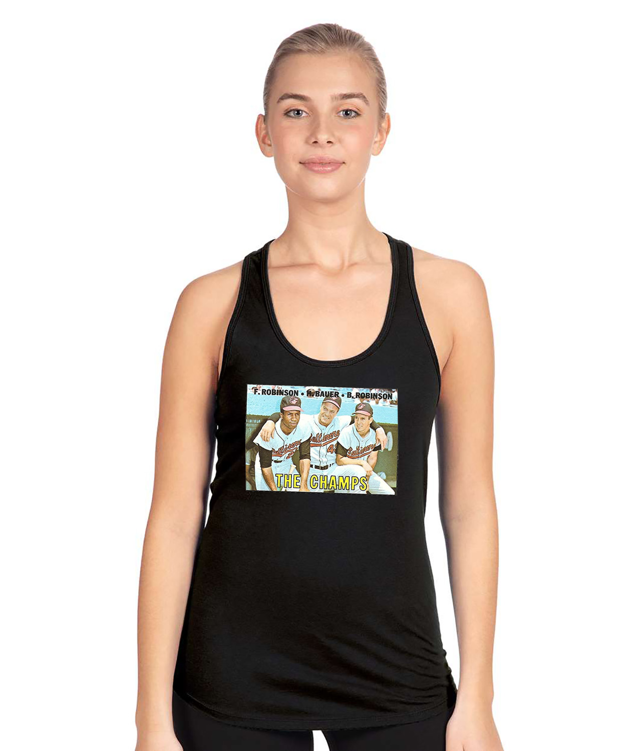 1967 the Champs F. Robinson, H. Bauer, B. Robinson Baltimore Orioles Photo Baseball Logo Emblem Customized Design on Women's Racerback Tank Top