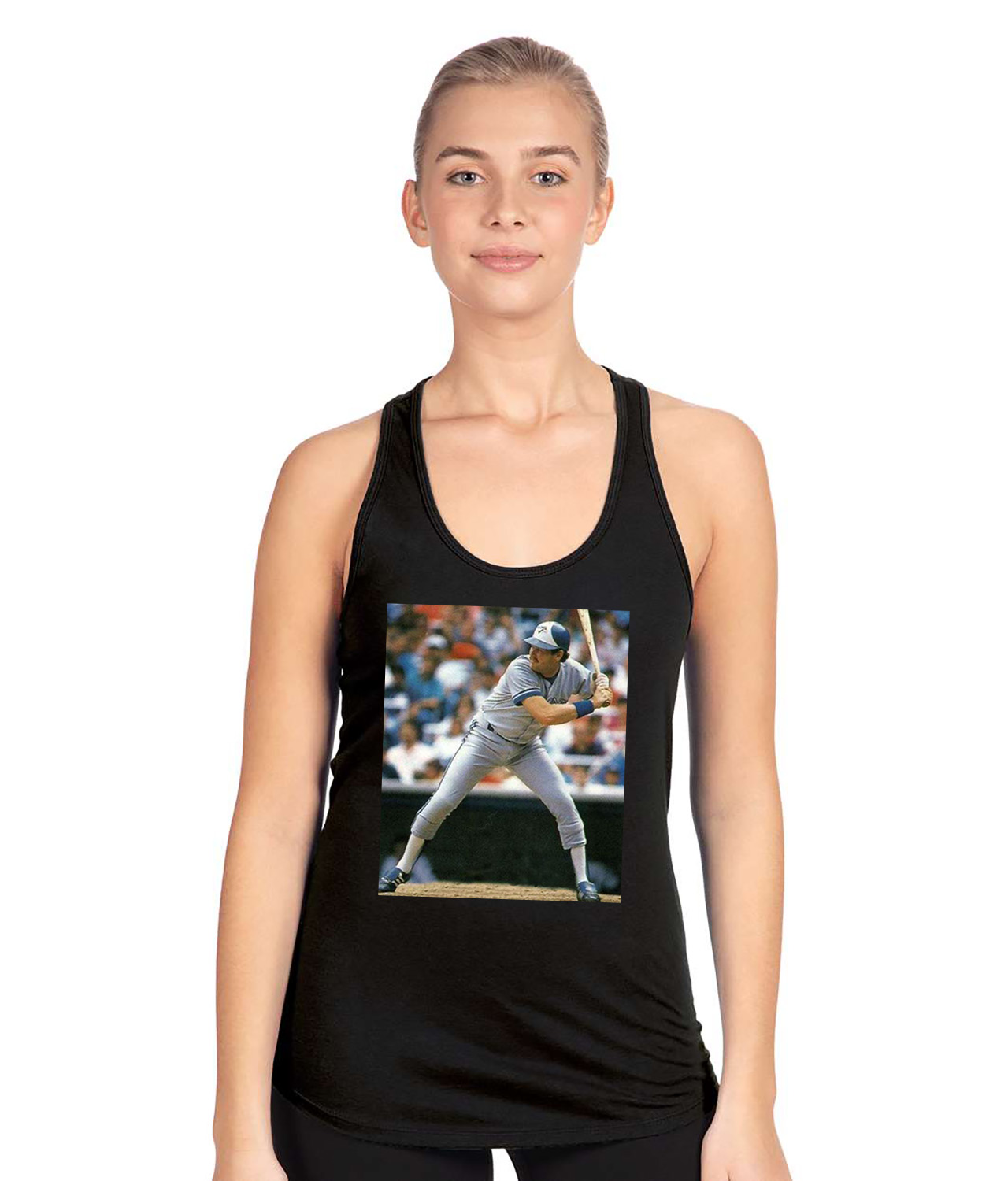 1989 Toronto Blue Jays Ernie Whitt Photo Baseball Logo Symbol Emblem Customized Design on Women's Racerback Tank Top