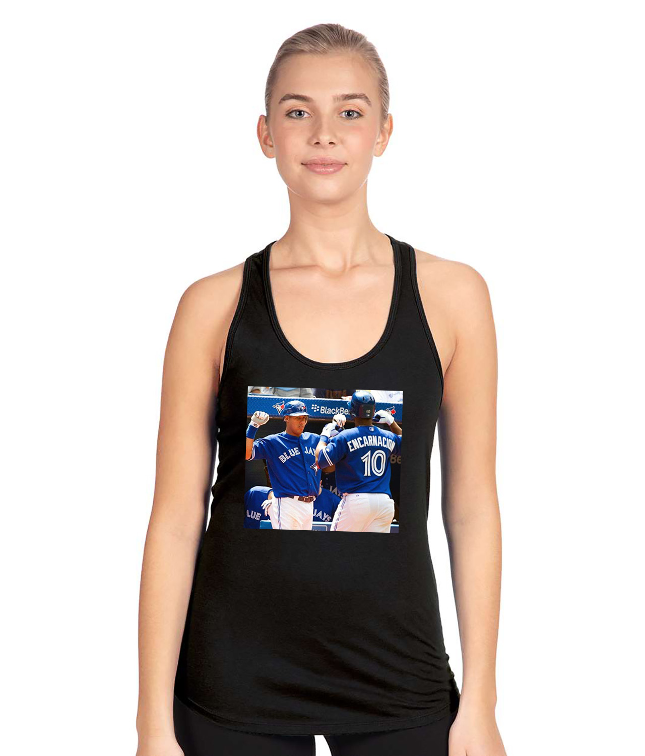 2012 Edwin Encarnacion & Yunel Escobar Toronto Blue Jays Photo Baseball Logo Symbol Emblem Customized Design on Women's Racerback Tank Top