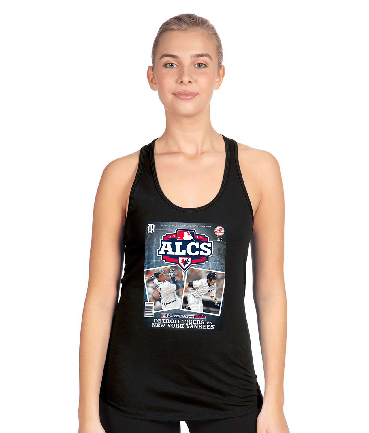 2012 ALCS Program - New York Yankees vs Detroit Tigers Baseball Logo Symbol Emblem Customized Design on Women's Racerback Tank Top