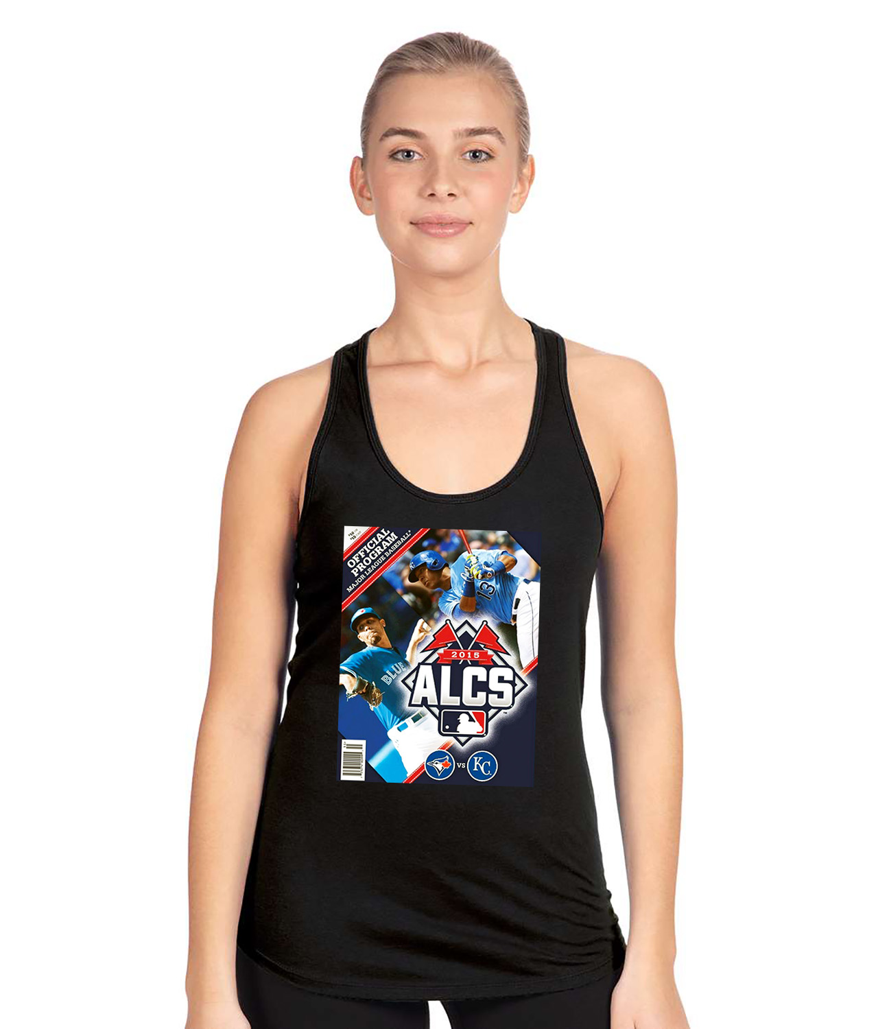 2015 ALCS Program Cover - Kansas City Royals Vs Toronto Blue Jays Baseball Logo Symbol Emblem Customized Design on Women's Racerback Tank Top