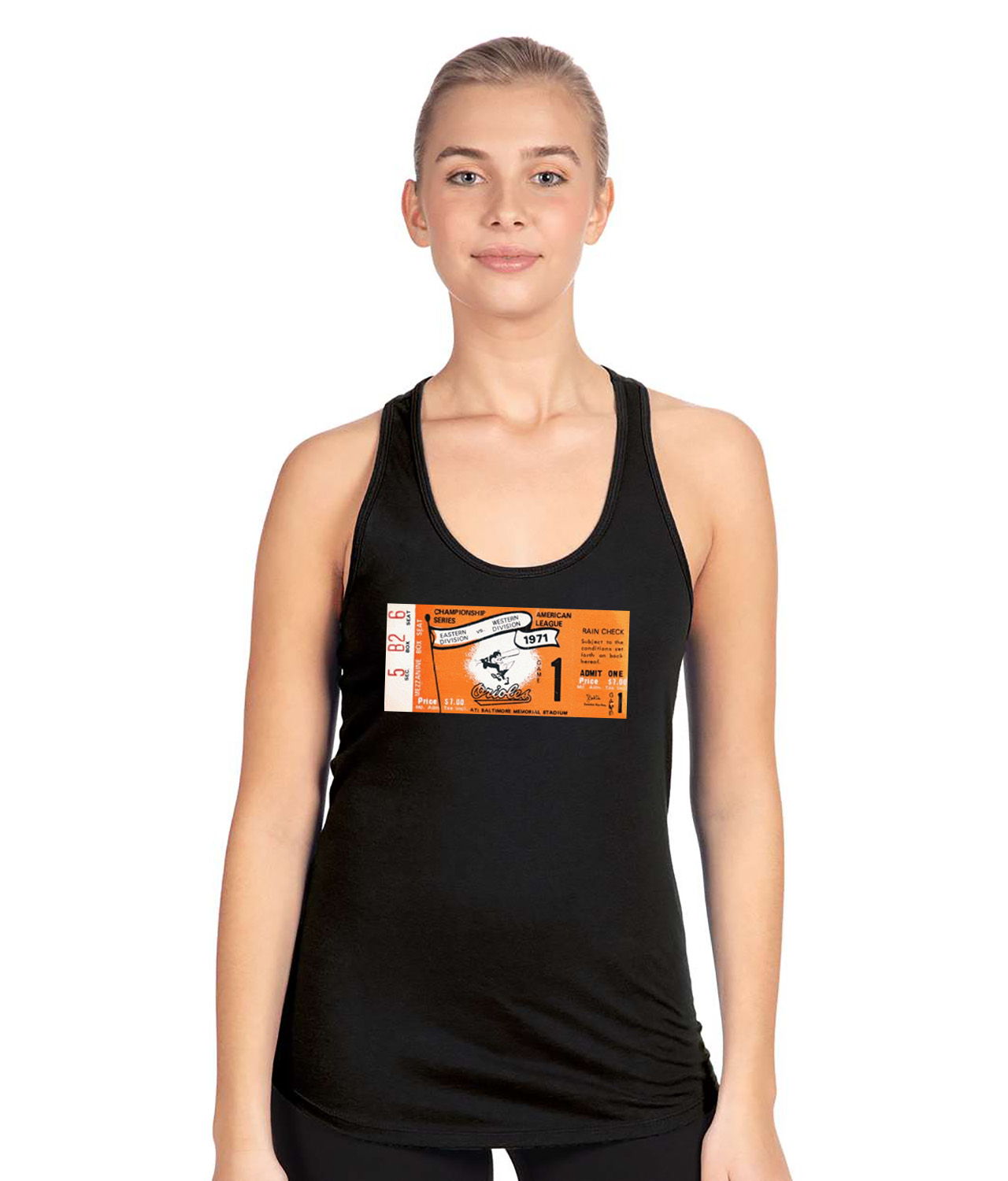 ALCS 1971 Ticket Stub Game 1 - Oakland Athletics At Baltimore Orioles Baseball Logo Symbol Emblem Customized Design on Women's Racerback Tank Top