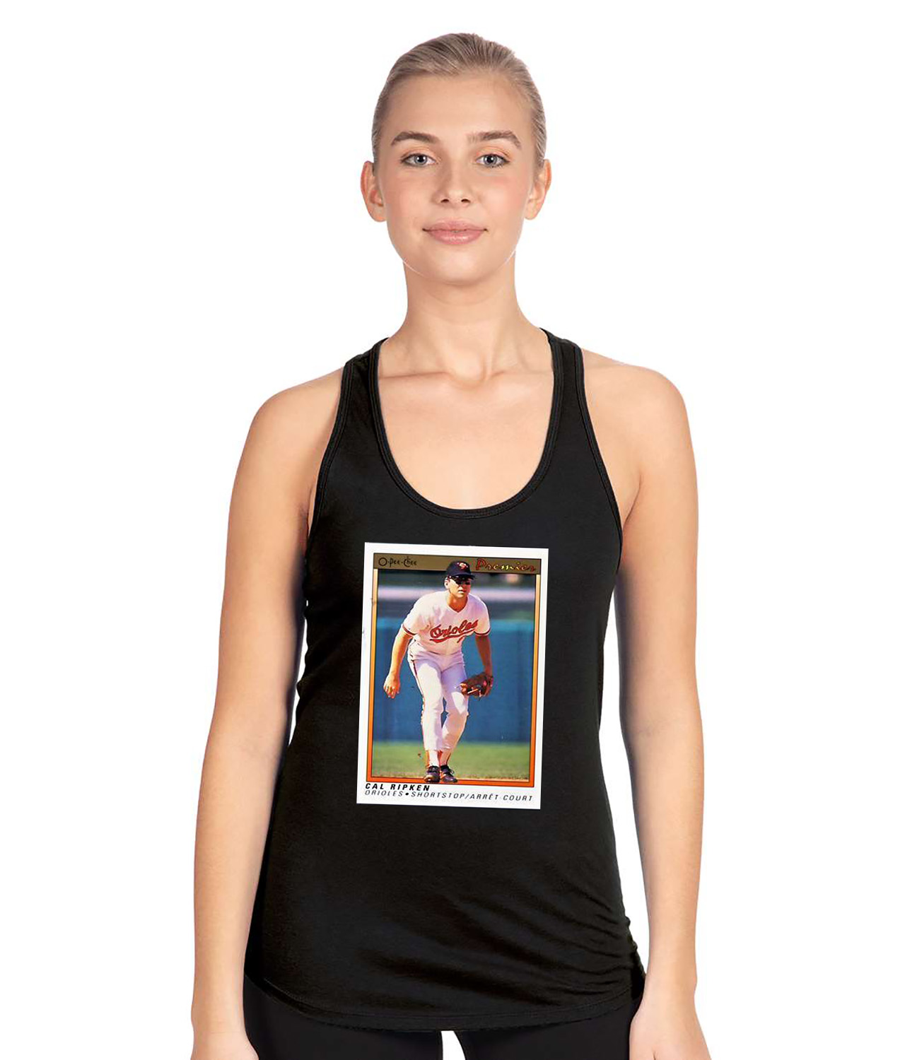 1991 Season Baltimore Orioles Cal Ripken Photo Baseball Logo Symbol Emblem Customized Design on Women's Racerback Tank Top