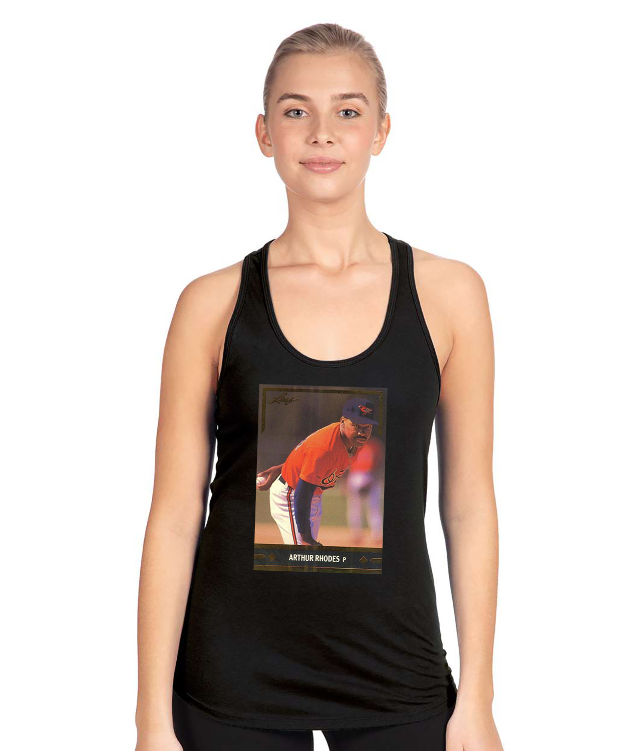 1991 Baltimore Orioles Arthur Rhodes Photo Baseball Logo Symbol Emblem Customized Design on Women's Racerback Tank Top