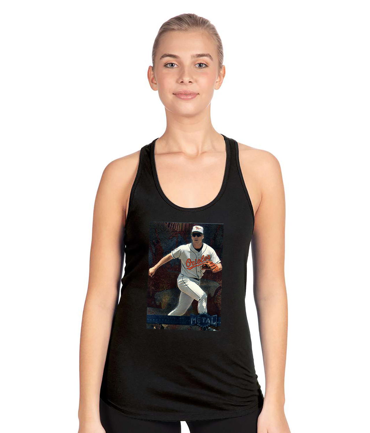 1995 Baltimore Orioles Cal Ripken Photo Baseball Logo Symbol Emblem Customized Design on Women's Racerback Tank Top