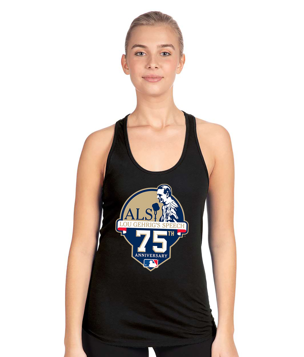 Major League Baseball Lou Gehrig Speech 75th Anniversary Logo Symbol Emblem Customized Design on Women's Racerback Tank Top