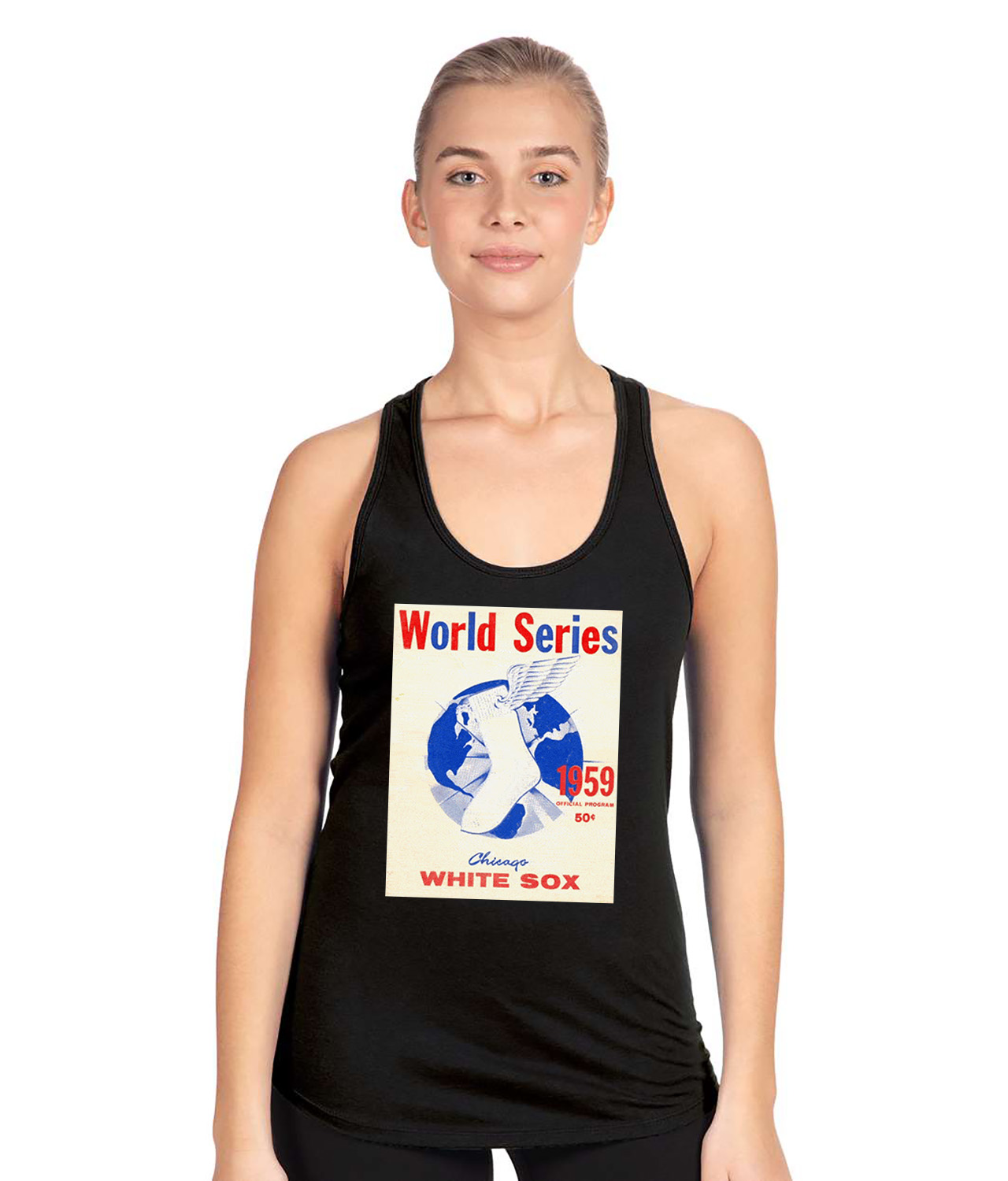 MLB World Series Program 1959 Chicago White Sox vs. Los Angeles Dodgers Baseball Logo Symbol Emblem Customized Design on Women's Racerback Tank Top