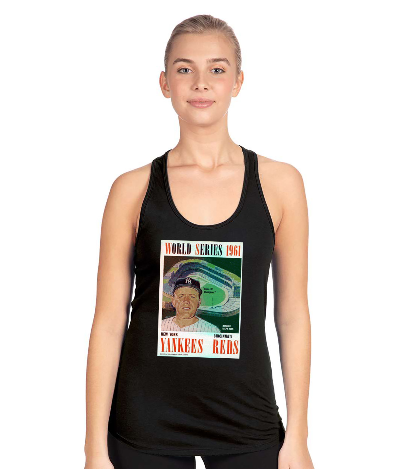 MLB World Series Program 1961 New York Yankees vs. St Louis Cardinals Baseball Logo Symbol Emblem Customized Design on Women's Racerback Tank Top