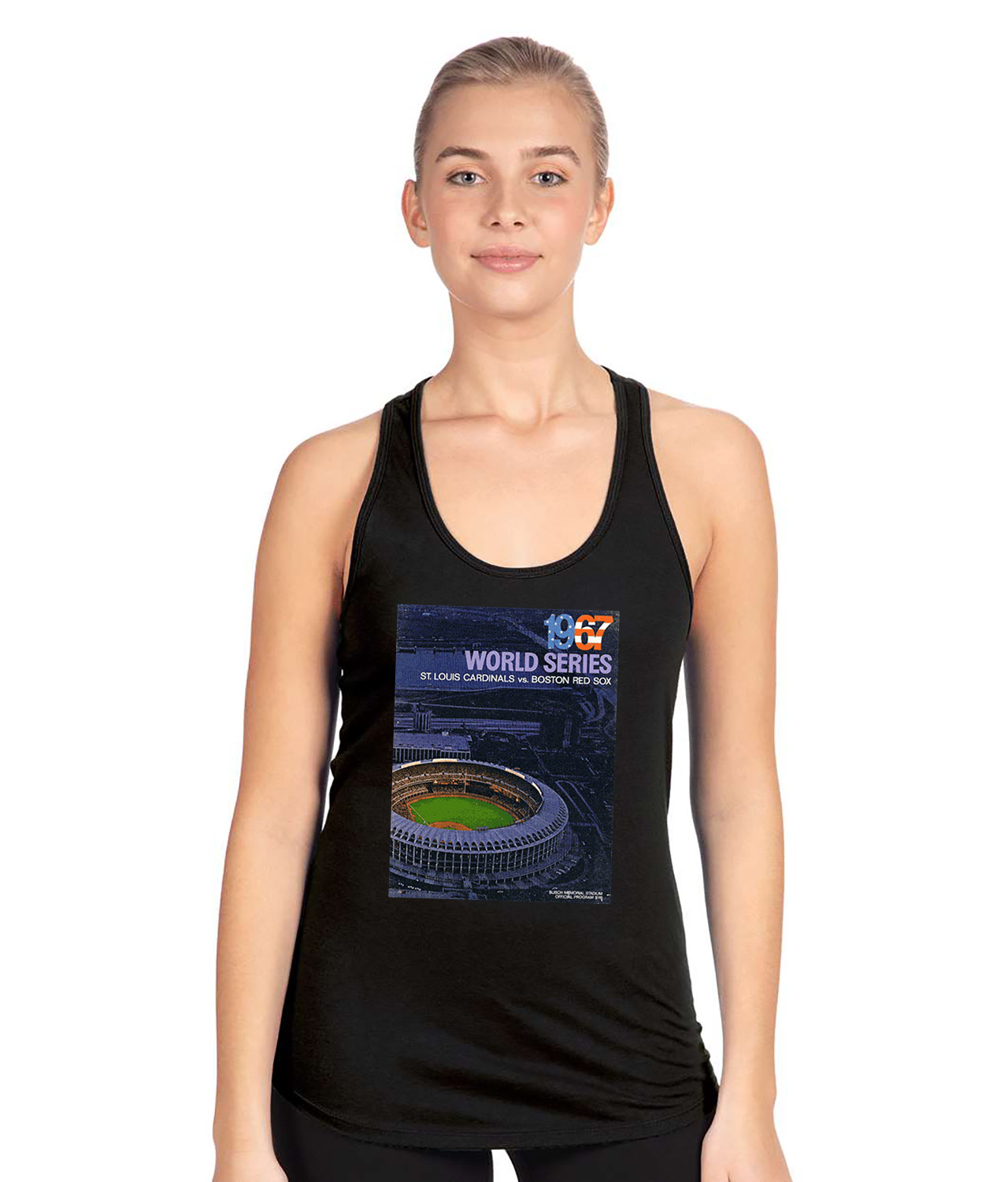 MLB World Series Program 1967 Boston Red Sox vs. St Louis Cardinals Baseball Logo Symbol Emblem Customized Design on Women's Racerback Tank Top