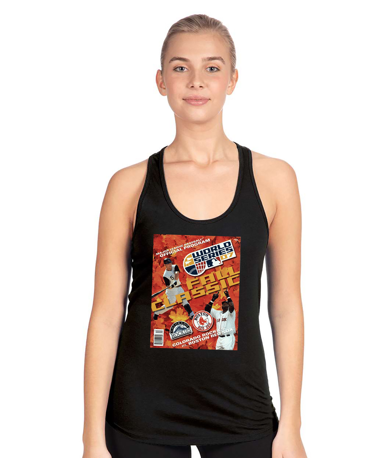 2007 MLB World Series Program - Boston Red Sox vs Colorado Rockies Baseball Logo Symbol Emblem Customized Design on Women's Racerback Tank Top