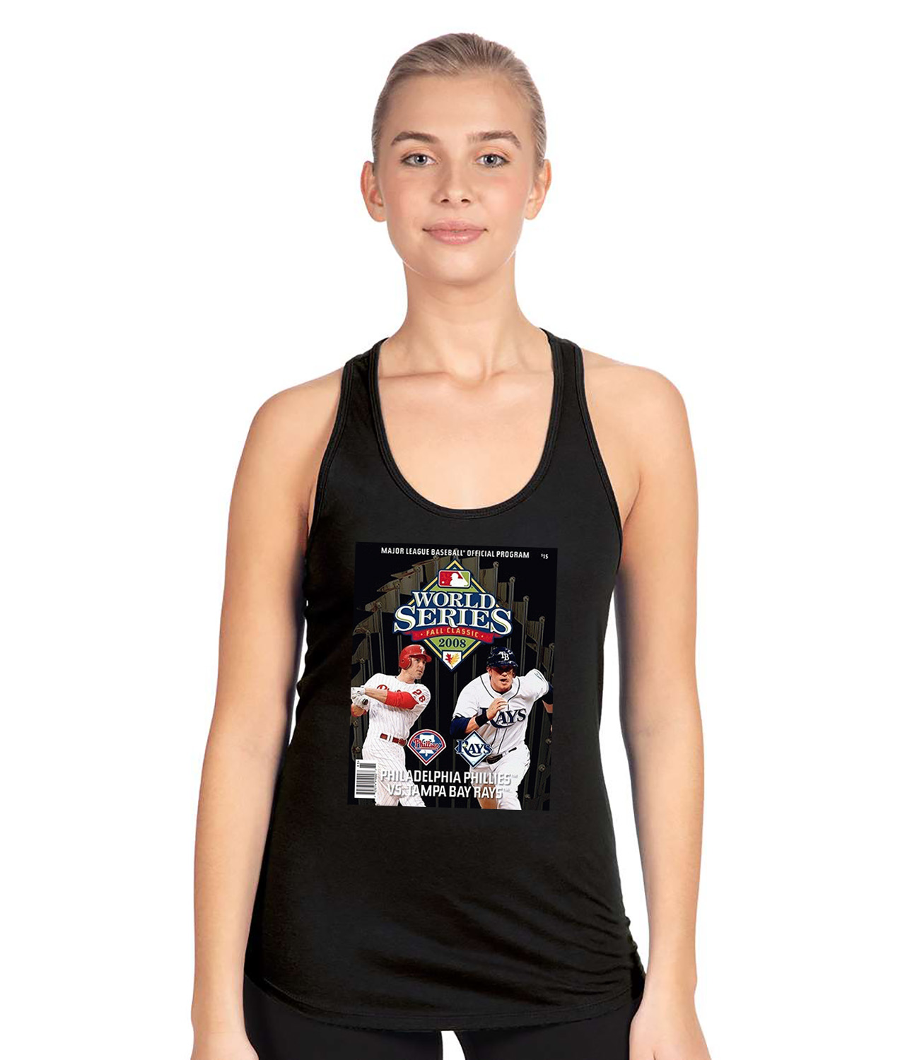 2008 MLB World Series Program - Philadelphia Phillies vs Tampa Bay Rays Baseball Logo Symbol Emblem Customized Design on Women's Racerback Tank Top