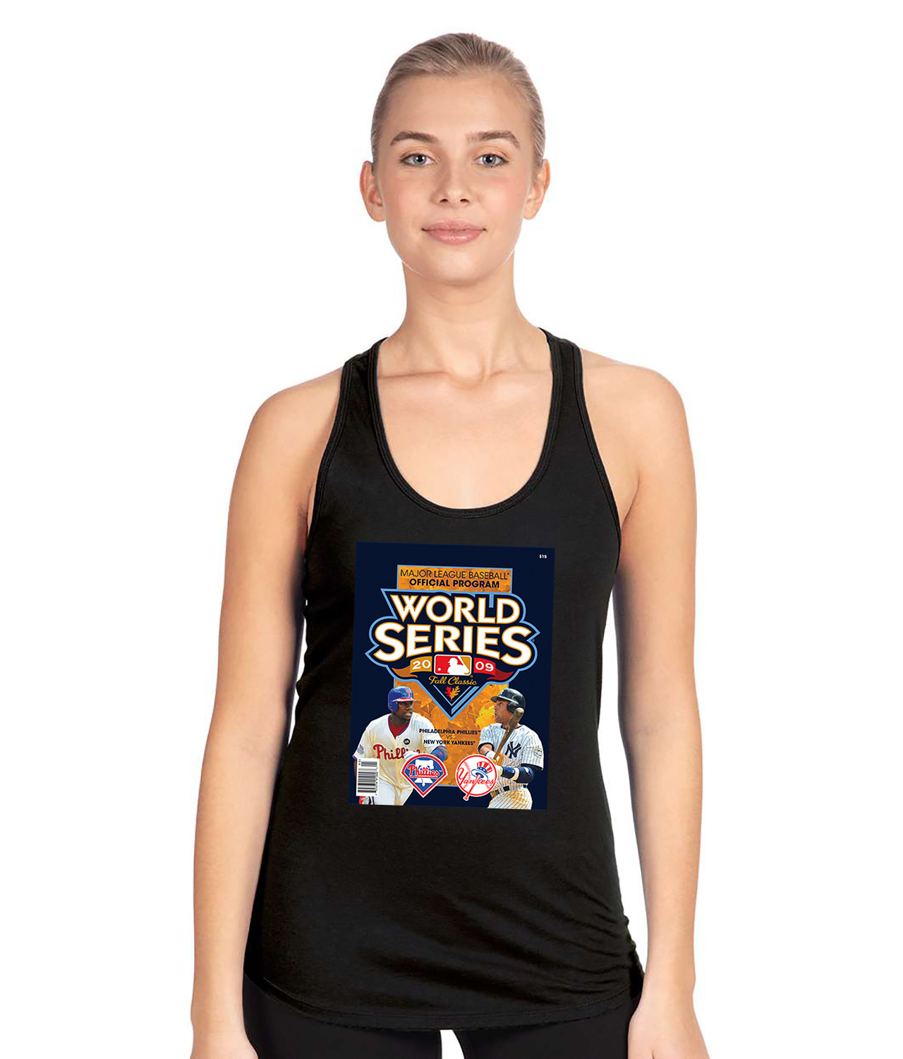 2009 MLB World Series Program - New York Yankees vs Philadelphia Phillies Baseball Logo Emblem Customized Design on Women's Racerback Tank Top