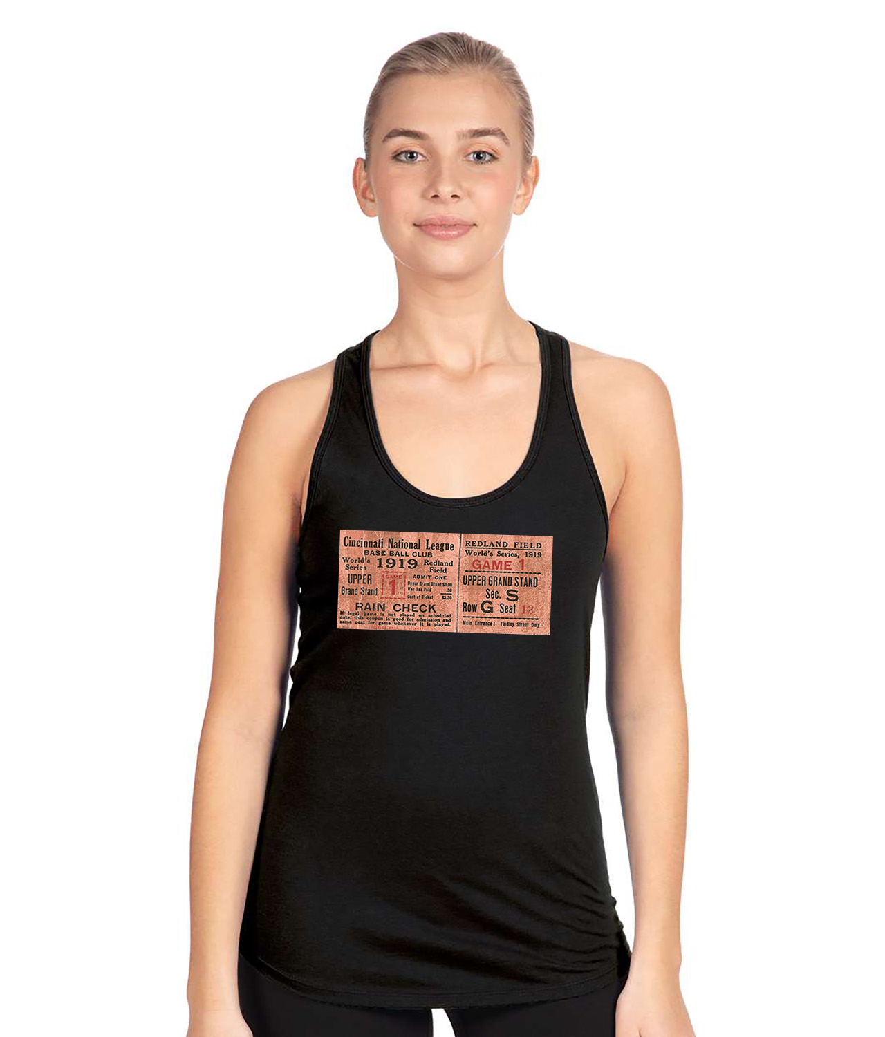 MLB World Series Ticket Stub Game 1 - Chicago White Sox Cincinnati Reds Baseball Logo Symbol Emblem Customized Design on Women's Racerback Tank Top