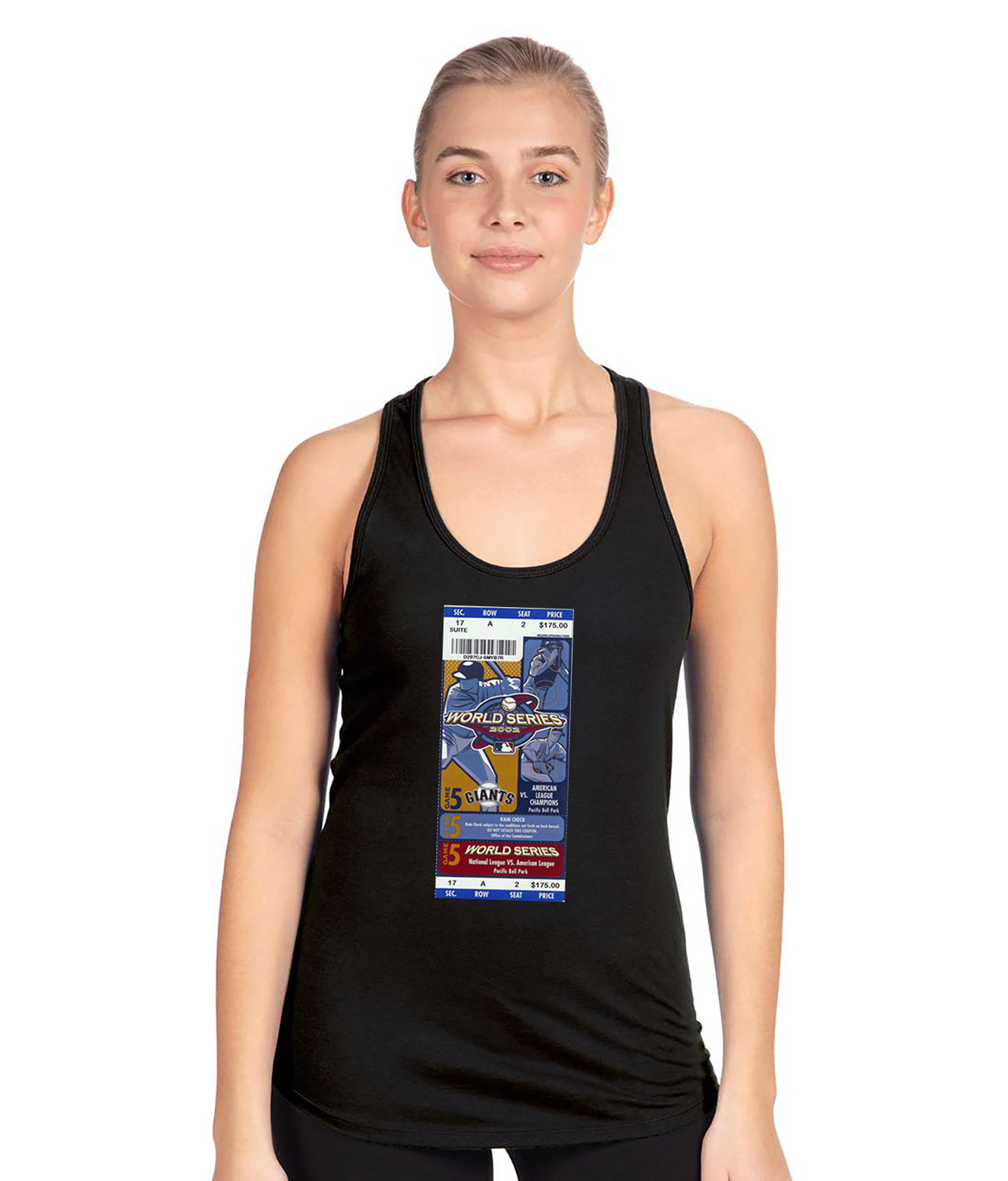 2002 MLB World Series Ticket Stub Game 5 - Anaheim Angels At San Francisco Giants Baseball Logo Customized Design on Women's Racerback Tank Top
