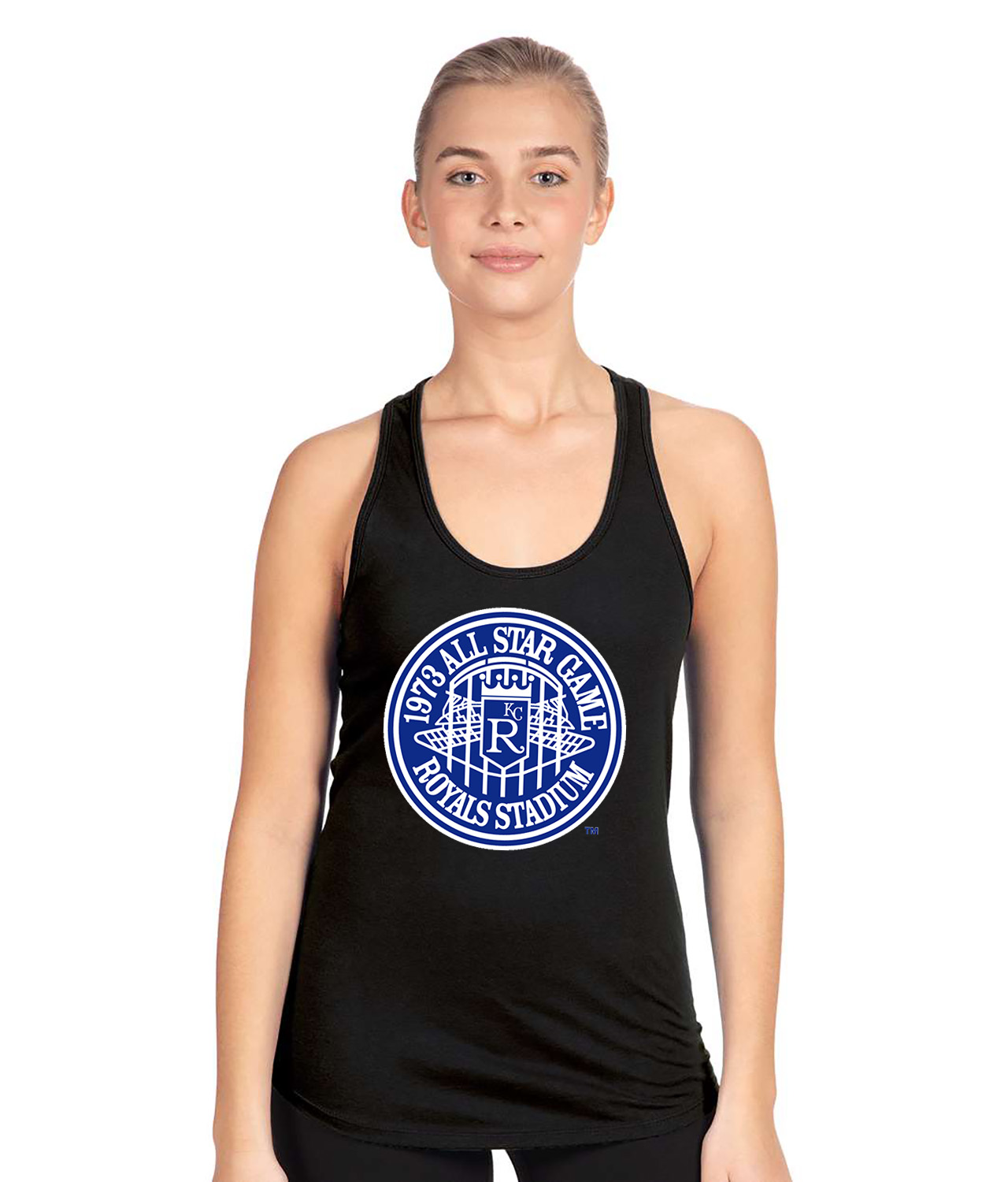 1973 MLB All-Star Game At Royals Stadium Kansas City Missouri Baseball Logo Symbol Emblem Customized Design on Women's Racerback Tank Top
