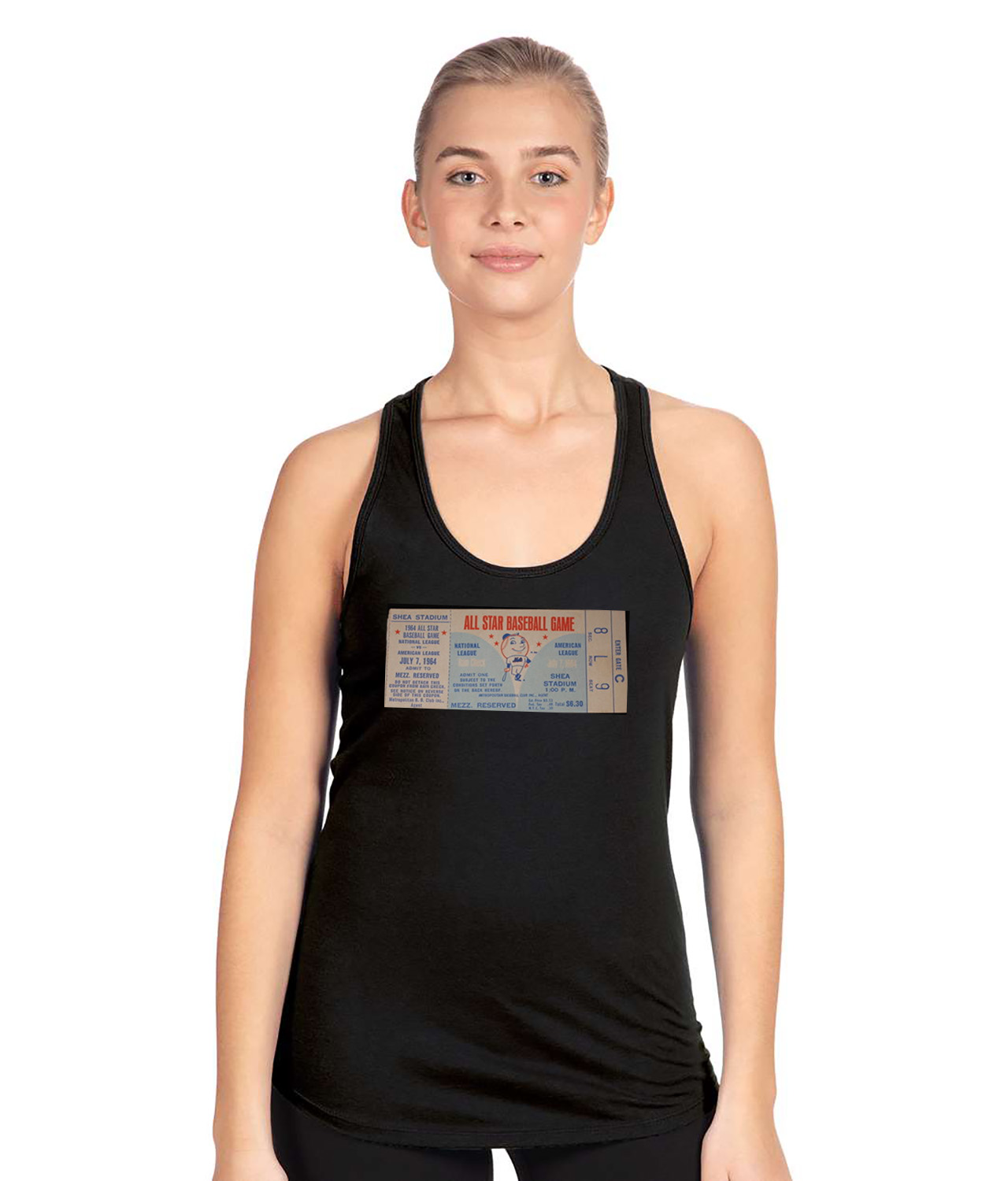 1964 MLB All-Star Game Ticket Stub Baseball Logo Symbol Emblem Customized Design on Women's Racerback Tank Top