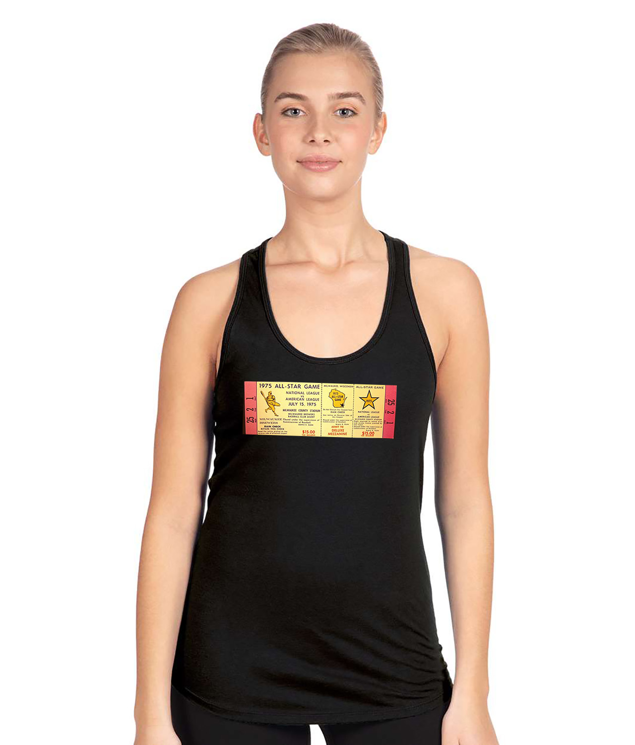 1975 MLB All-Star Game Ticket Stub Baseball Logo Symbol Emblem Customized Design on Women's Racerback Tank Top