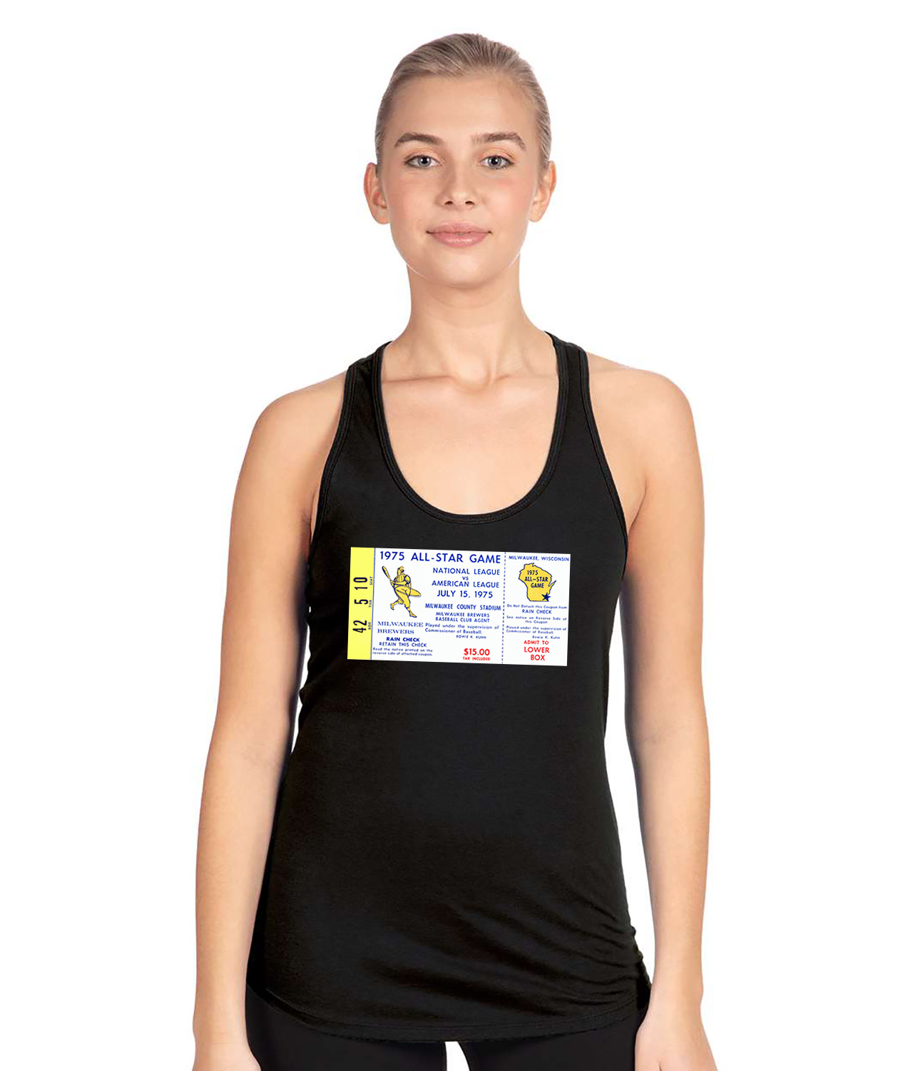 1975 MLB All-Star Game County Stadium Milwaukee WI Baseball Logo Symbol Emblem Customized Design on Women's Racerback Tank Top