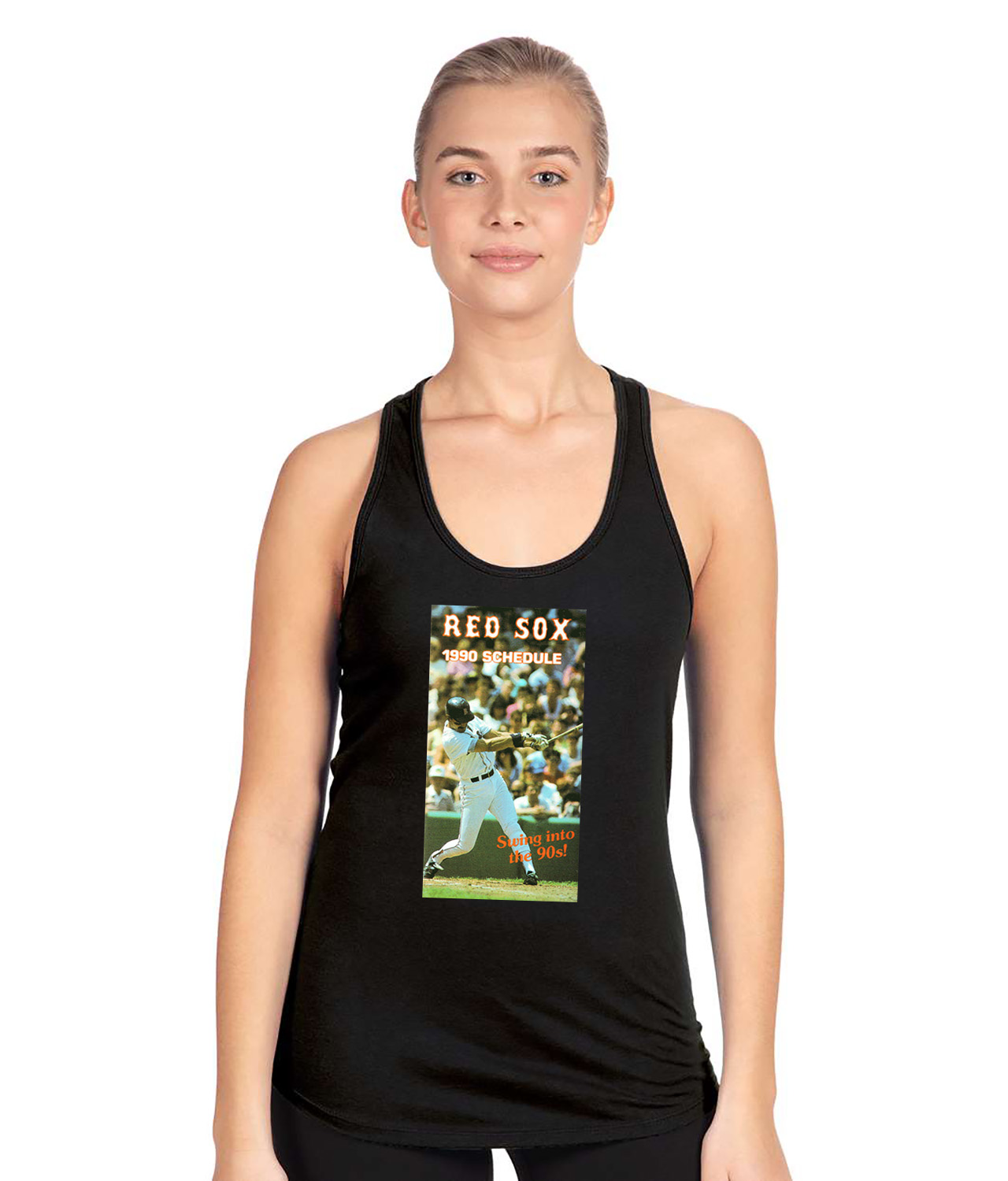 Boston Red Sox Pocket Schedule 1990 Baseball Logo Symbol Emblem Customized Design on Women's Racerback Tank Top