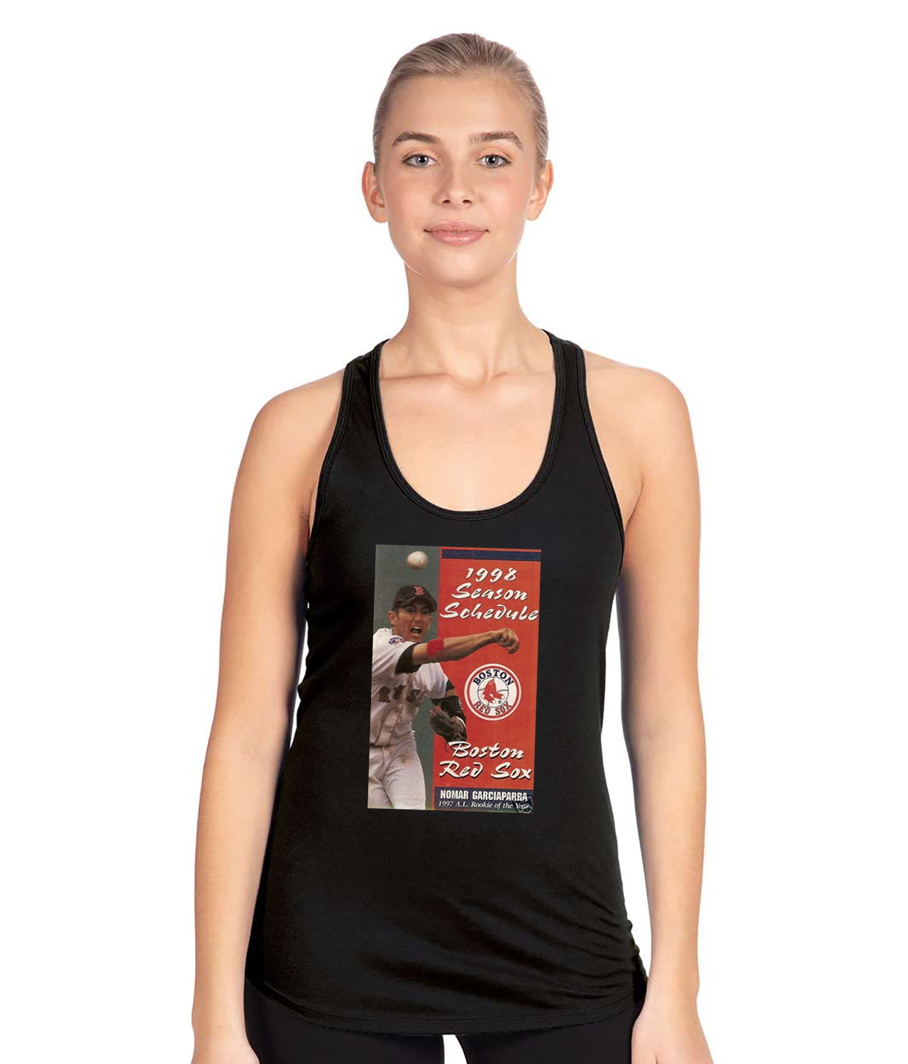 Boston Red Sox Pocket Schedule 1998 Baseball Logo Symbol Emblem Customized Design on Women's Racerback Tank Top