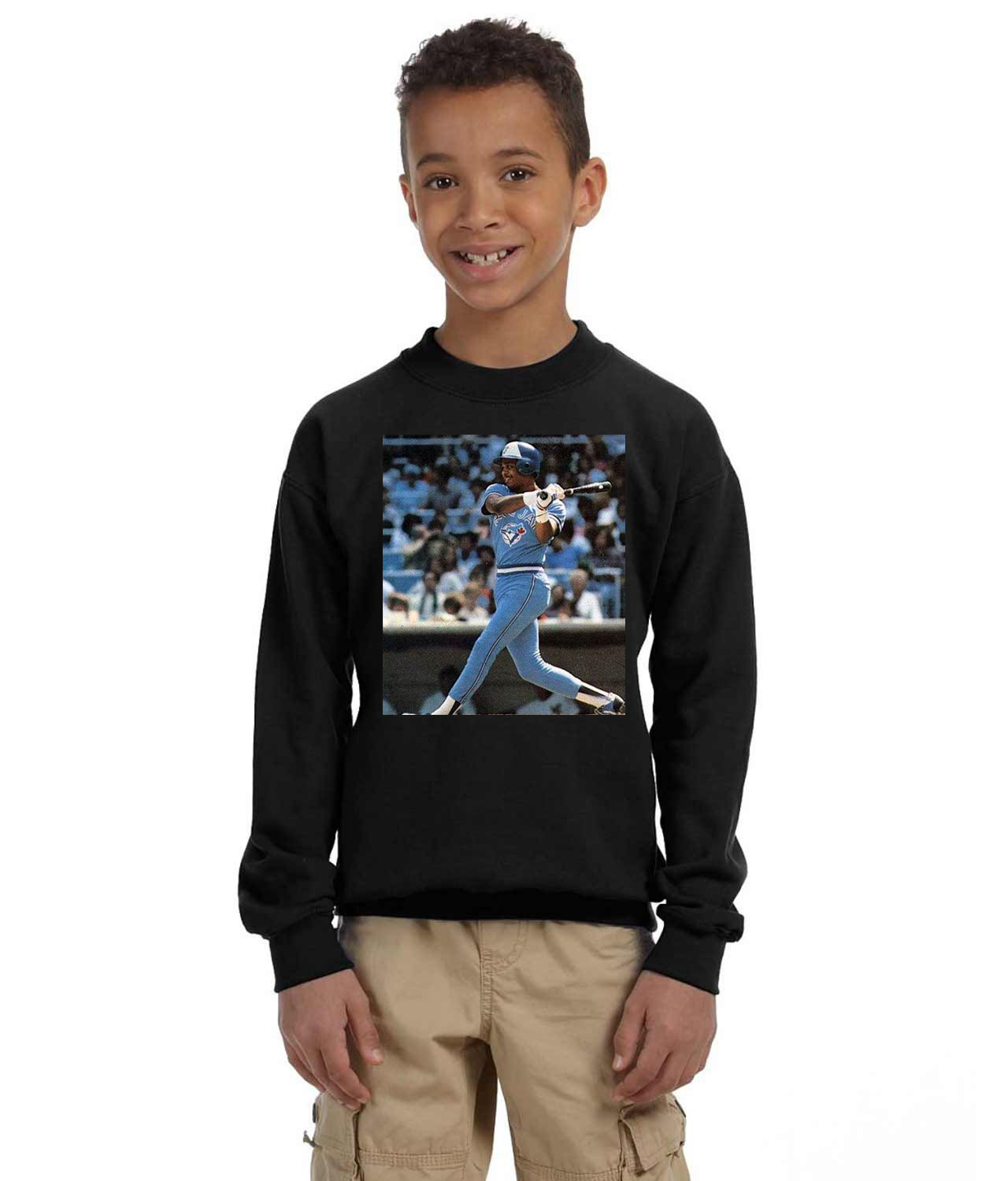1982 Willie Upshaw Toronto Blue Jays Photo Baseball Logo Symbol Emblem Customized Design on Youth Crewneck Sweatshirt