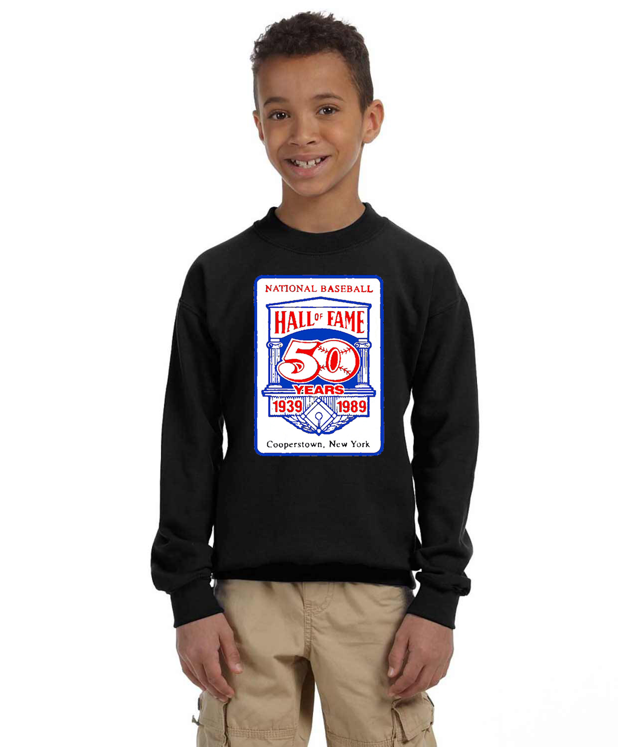 Major League Baseball 50th Anniversary Of The Baseball Hall Of Fame Baseball Logo Symbol Emblem Customized Design on Youth Crewneck Sweatshirt