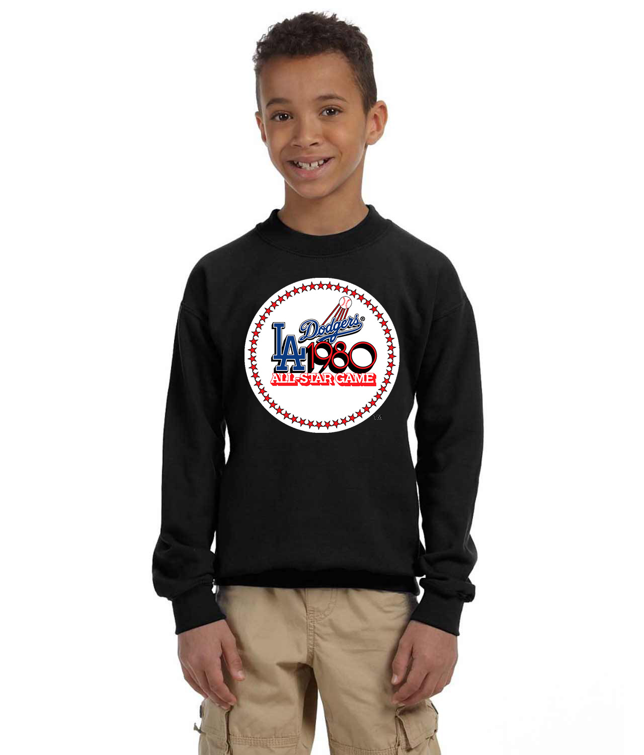 1980 MLB All-Star Game At Dodger Stadium Los Angeles California Baseball Logo Symbol Emblem Customized Design on Youth Crewneck Sweatshirt