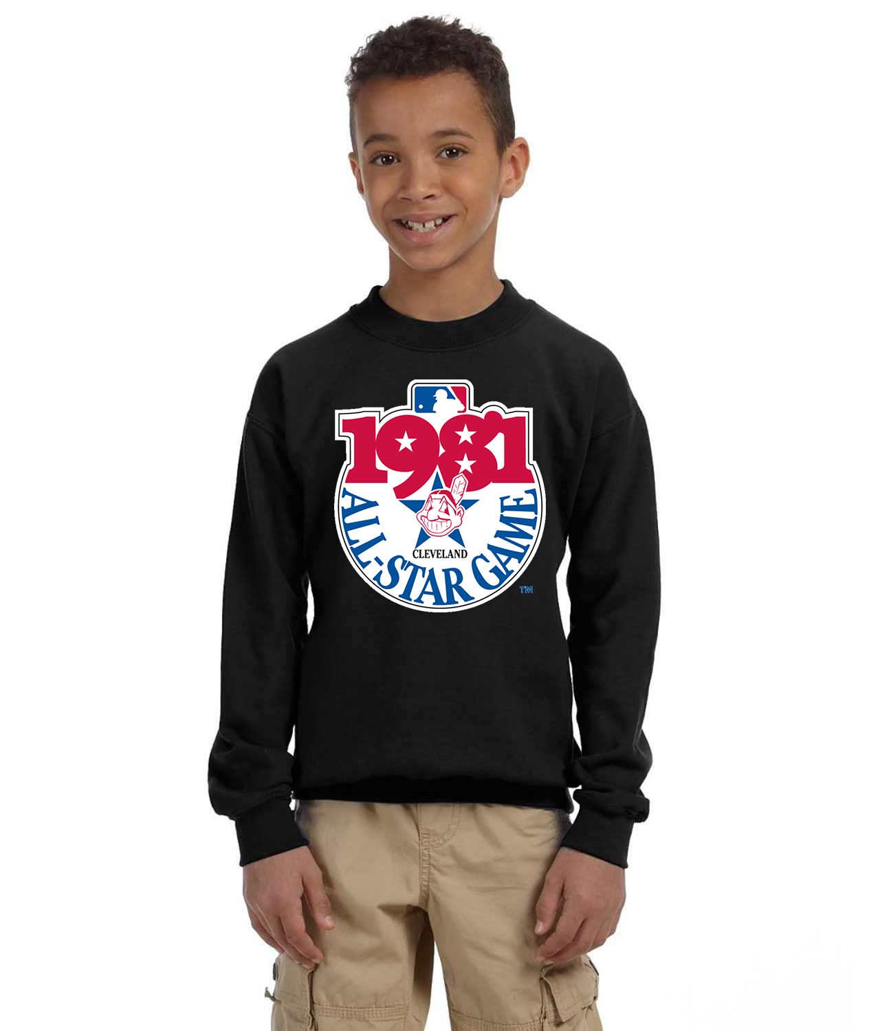1981 MLB All-Star Game Municipal Stadium Cleveland Ohio Baseball Logo Symbol Emblem Customized Design on Youth Crewneck Sweatshirt