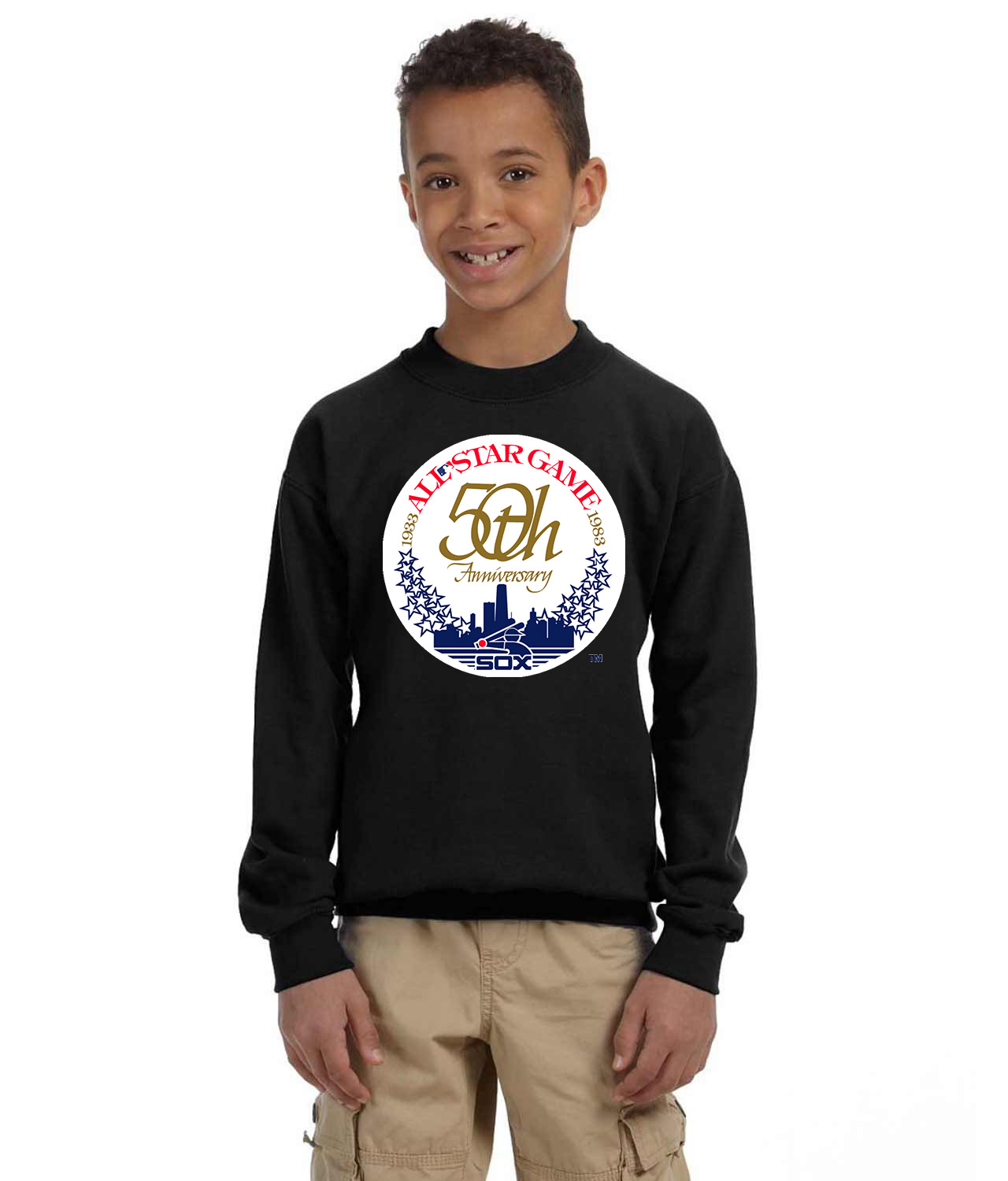 1983 MLB All-Star Game Comiskey Park Chicago Illinois Baseball Logo Symbol Emblem Customized Design on Youth Crewneck Sweatshirt