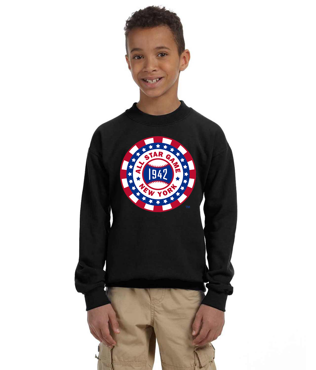 1942 MLB All-Star Game Polo Grounds New York Baseball Logo Symbol Emblem Customized Design on Youth Crewneck Sweatshirt