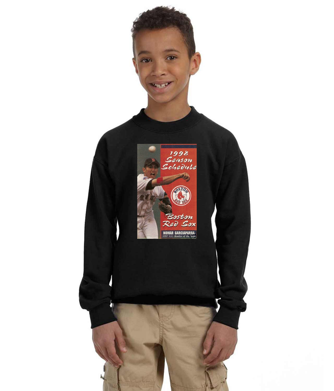 Boston Red Sox Pocket Schedule 1998 Baseball Logo Symbol Emblem Customized Design on Youth Crewneck Sweatshirt