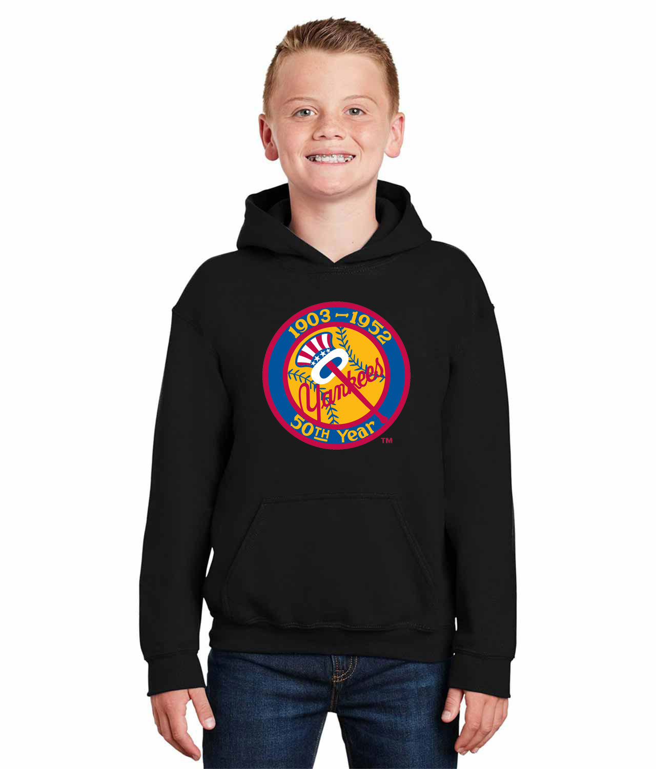 50th Anniversary Of The New York Yankees Patch Baseball Logo Symbol Emblem Customized Design on Youth Hoodie