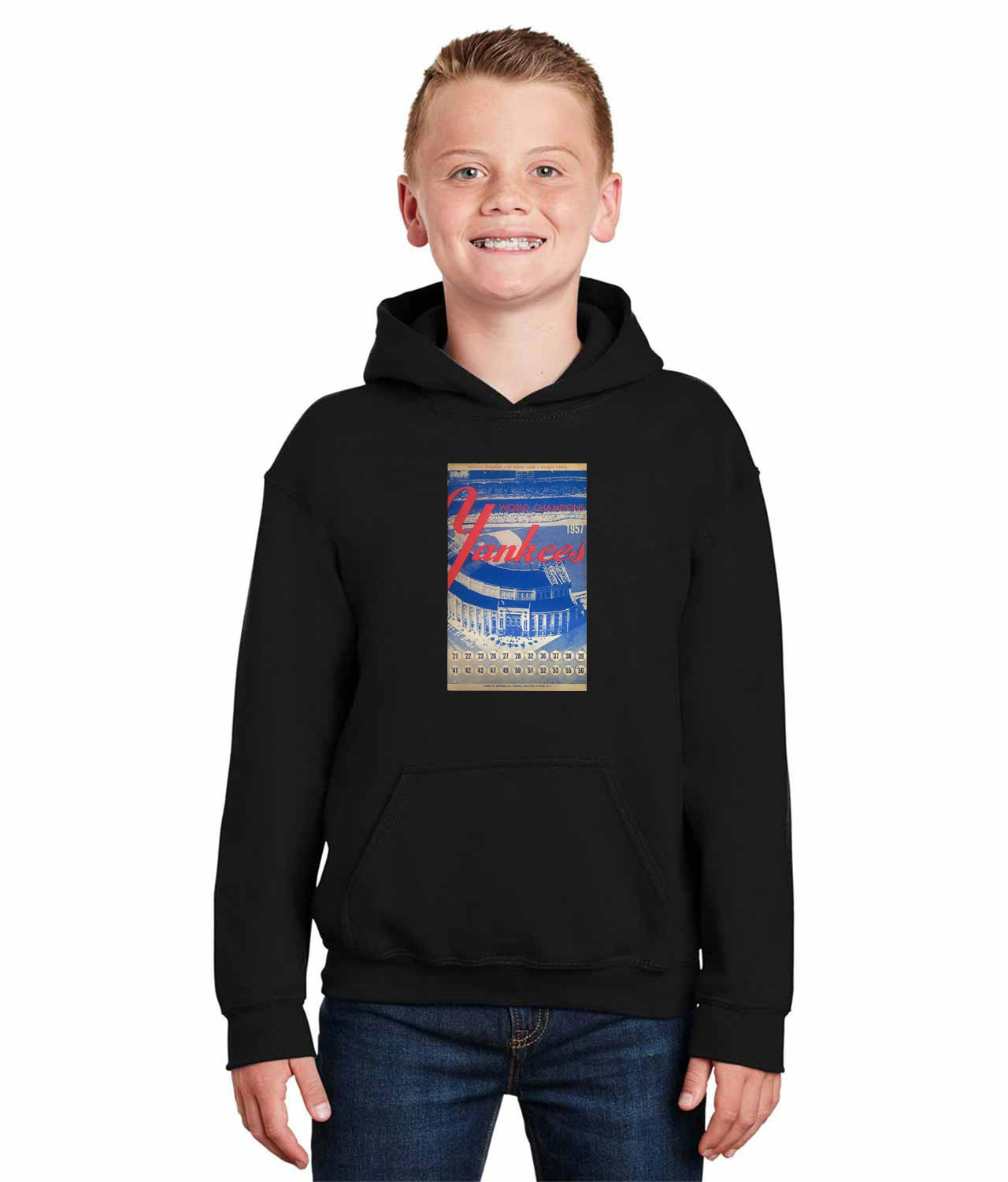 1957 New York Yankees Yankee Stadium Program Baseball Logo Symbol Emblem Customized Design on Youth Hoodie