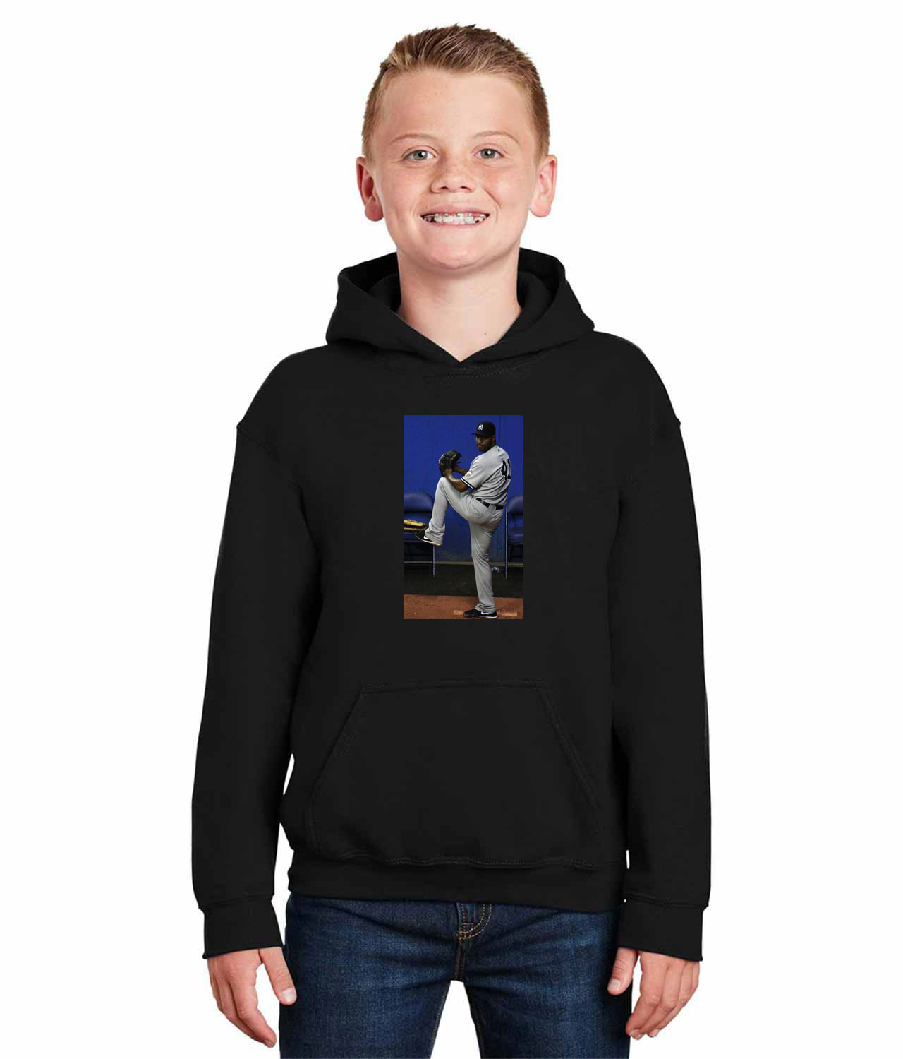 2009 Pitcher 42 New York Yankees Photo Baseball Logo Symbol Emblem Customized Design on Youth Hoodie